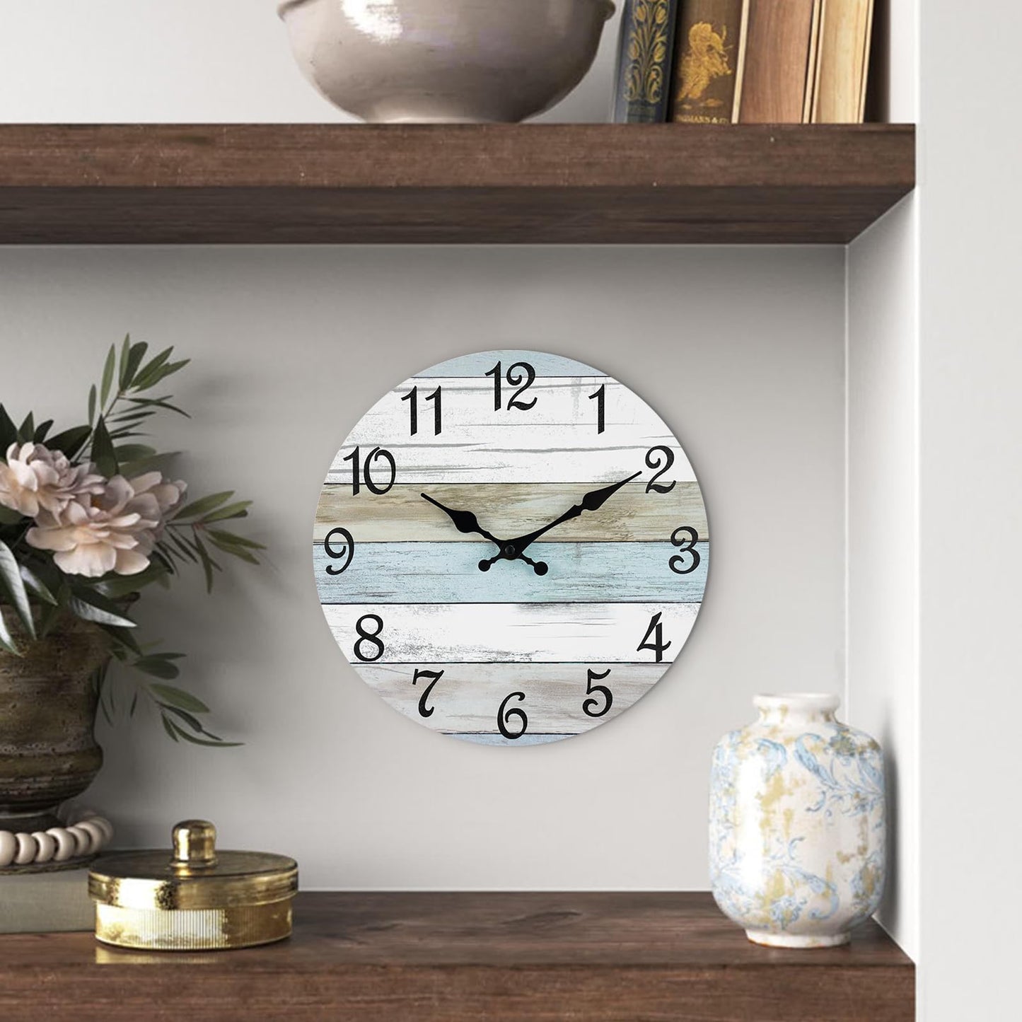 CHYLIN Wall Clock - 18 Inch Silent Non Ticking Wall Clocks Battery Operated, Wooden Rustic Farmhouse Larger Clock Decorative for Living Room, Kitchen (Blue White Brown)