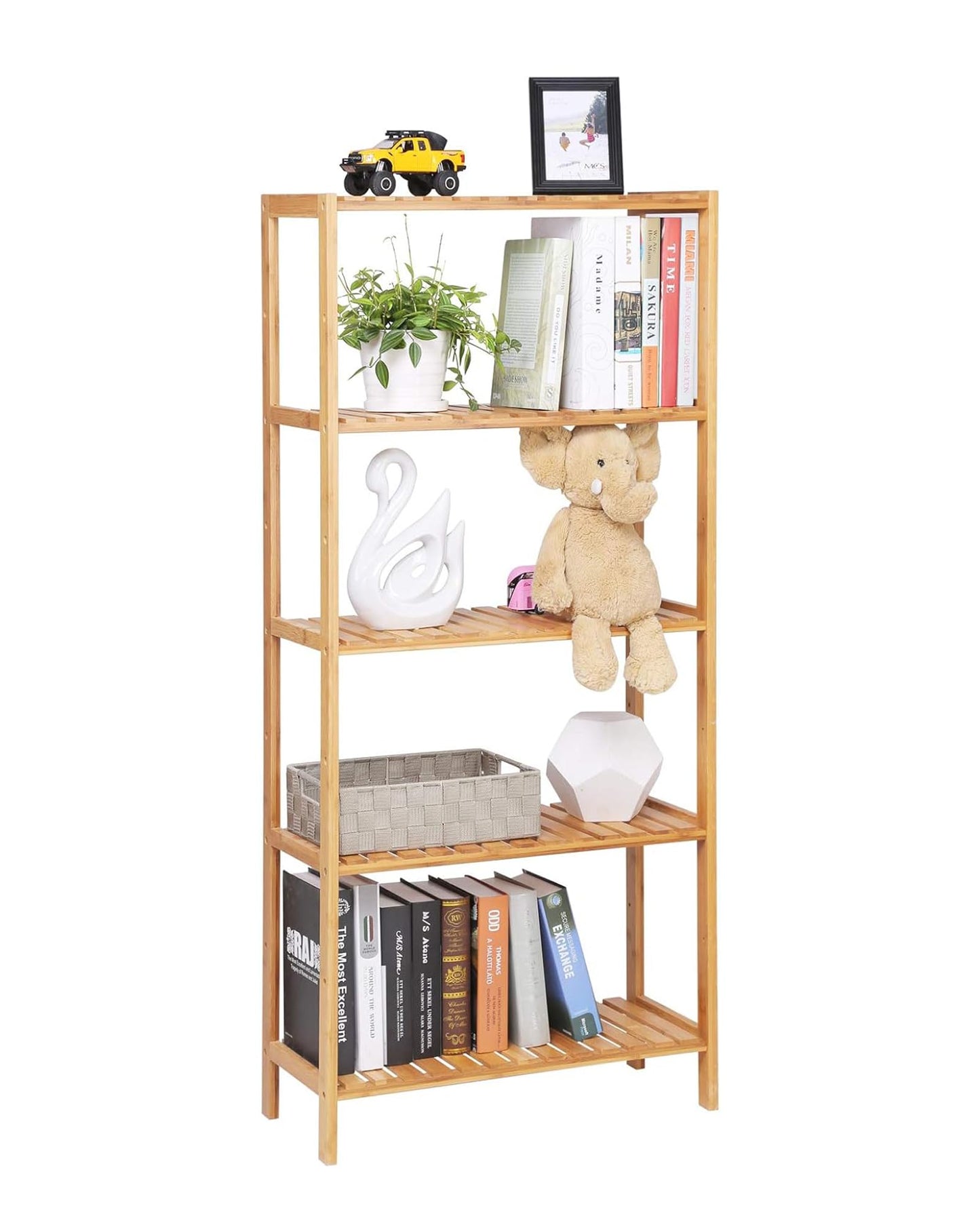 SONGMICS Bamboo Storage Shelf, 5-Tier Shelving Unit, Multifunctional, in The Entryway, Bathroom, Living Room, Balcony, Kitchen, 10.2 x 23.6 x 51.2 Inches, Light Bamboo UBCB35Y