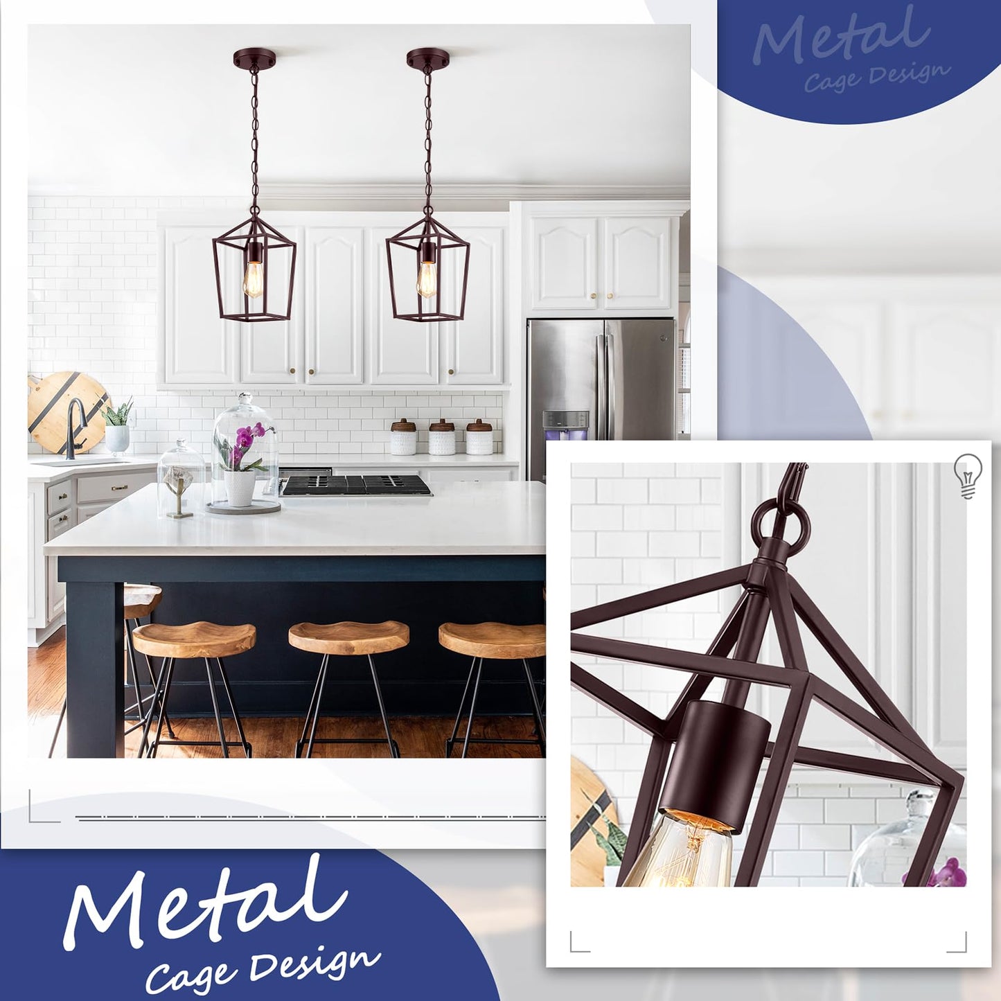 Sheetea 2-Pack Farmhouse Pendant Lights Kitchen Island, Pendant Light Fixtures Hanging Lamp for Dining Room, Modern Kitchen Pendant Lighting Over Island, Metal Cage Design, Brown
