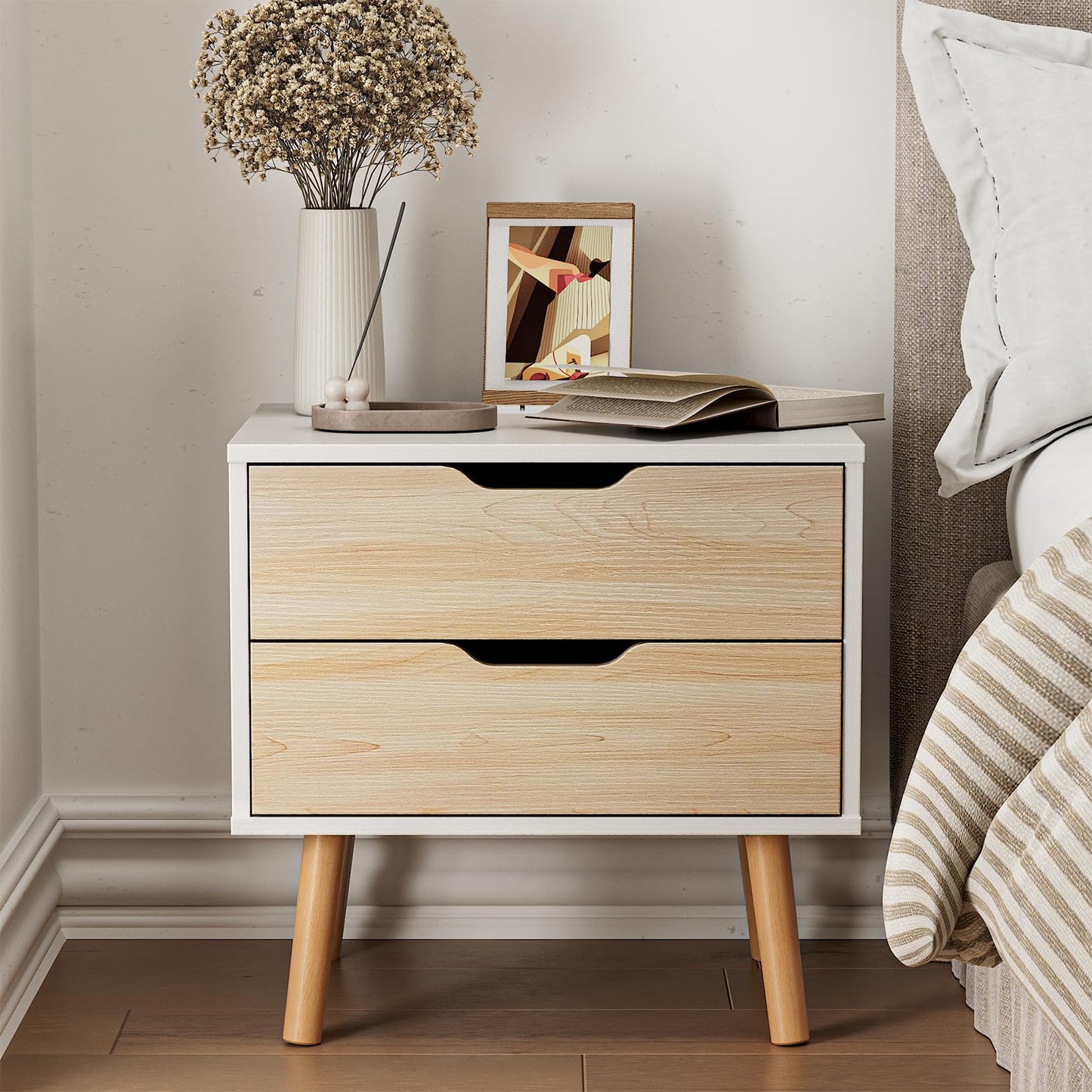 BVIUNTWO White Nightstand with 2 Drawer Dresser for Bedroom,Small White Oak Dresser with Drawers,End Table, Side Table for Bedroom,Living Room, Closet