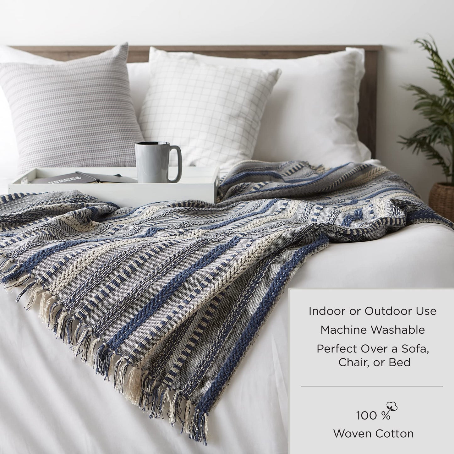 DII Herringbone Striped Collection Cotton Throw Blanket, 50x60, Gray