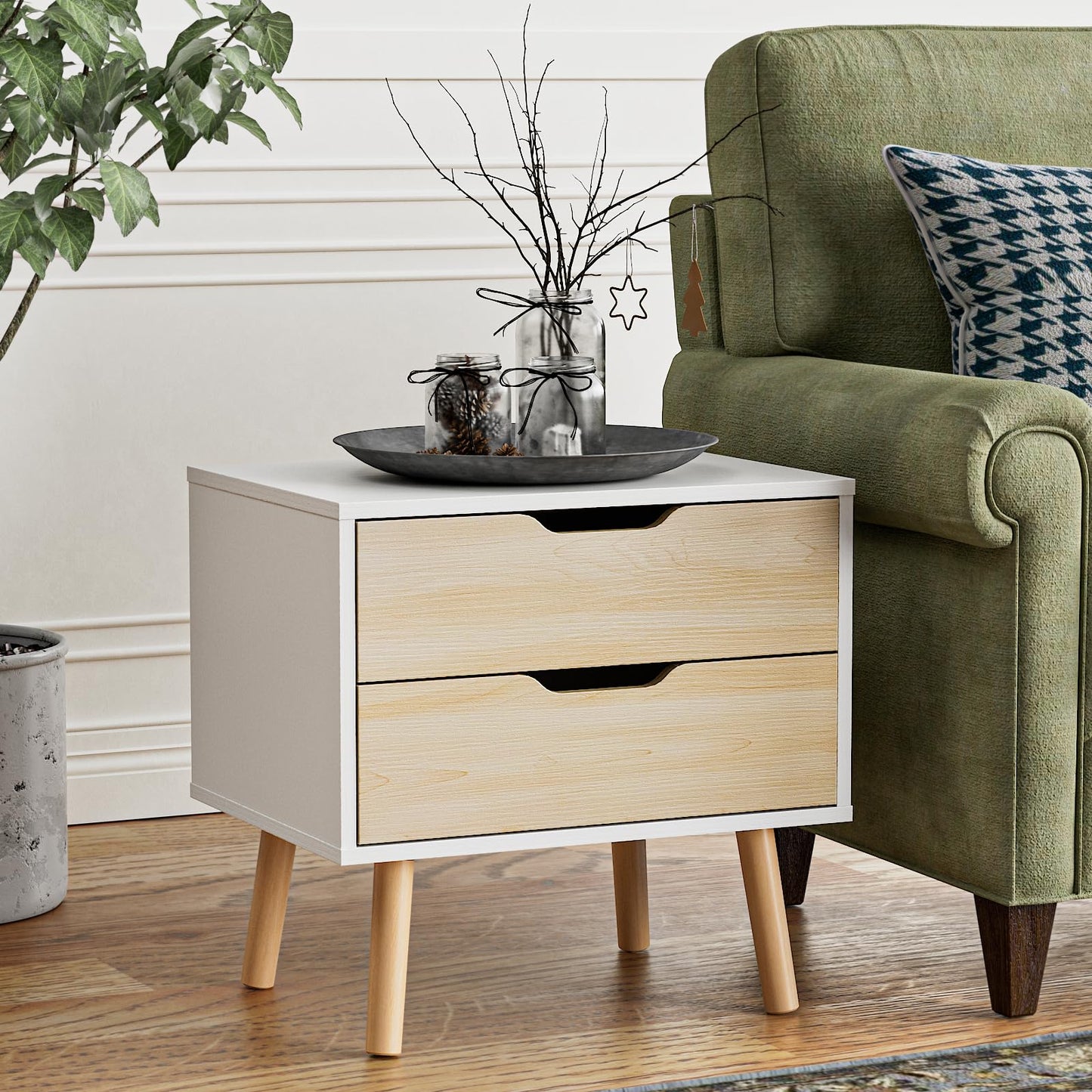 BVIUNTWO White Nightstand with 2 Drawer Dresser for Bedroom,Small White Oak Dresser with Drawers,End Table, Side Table for Bedroom,Living Room, Closet