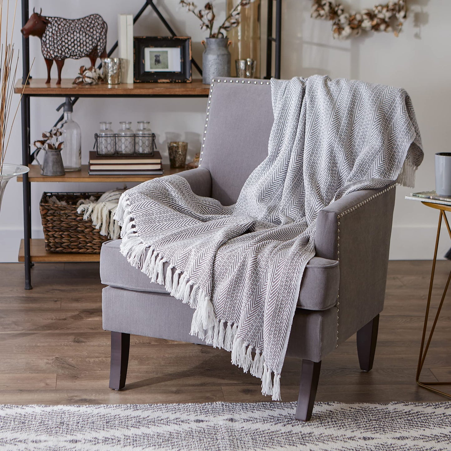 DII Herringbone Striped Collection Cotton Throw Blanket, 50x60, Gray