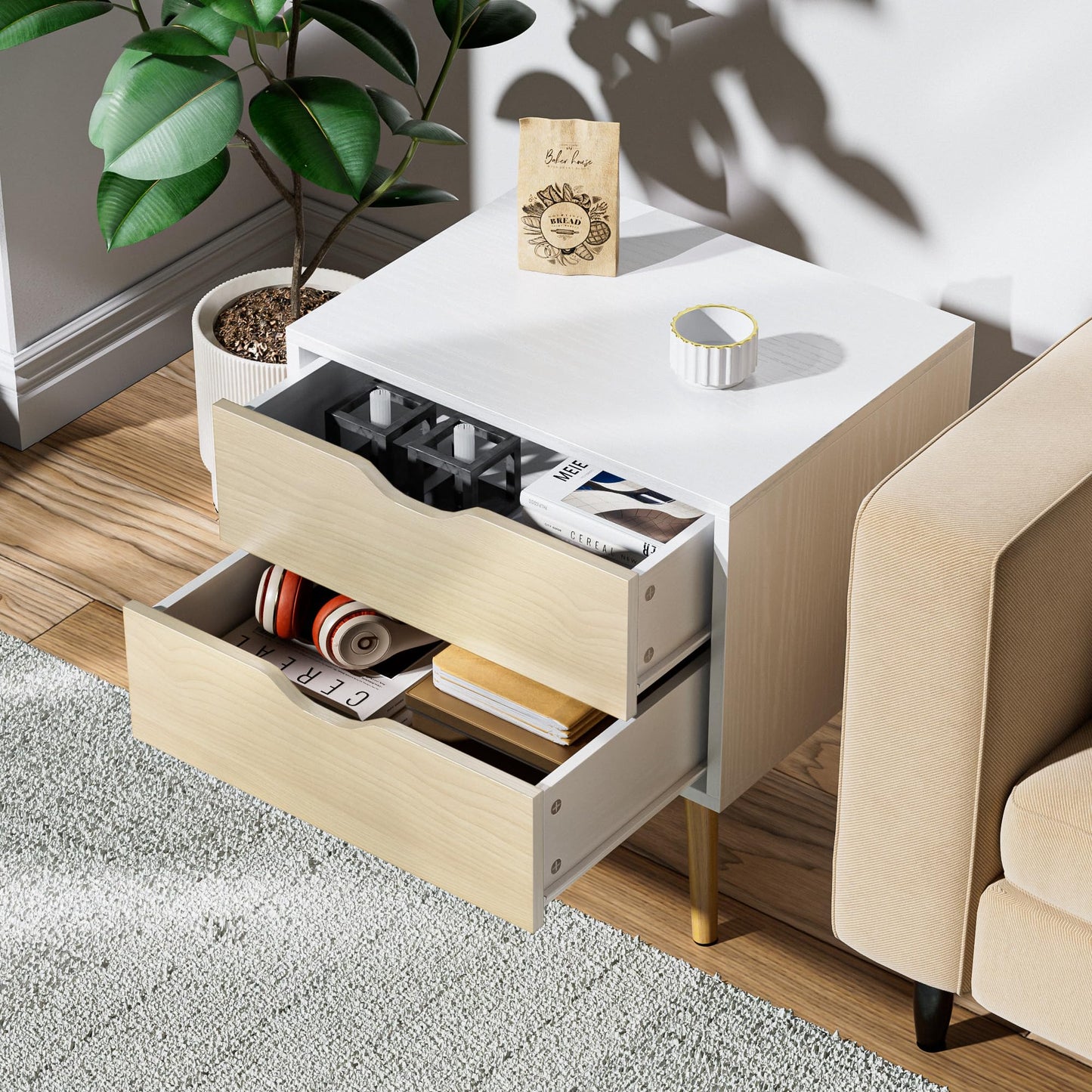 BVIUNTWO White Nightstand with 2 Drawer Dresser for Bedroom,Small White Oak Dresser with Drawers,End Table, Side Table for Bedroom,Living Room, Closet