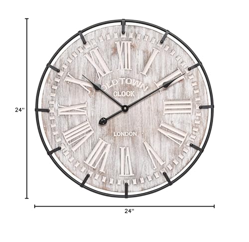 EMAX HOME 24 Inch Large Farmhouse Wall Clock, Rustic Antique Wood with Metal Circle and Large Engraved Numerals, Silent Battery Operated Wall Clock for Office Kitchen Bedroom Living Room