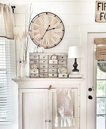 EMAX HOME 24 Inch Large Farmhouse Wall Clock, Rustic Antique Wood with Metal Circle and Large Engraved Numerals, Silent Battery Operated Wall Clock for Office Kitchen Bedroom Living Room