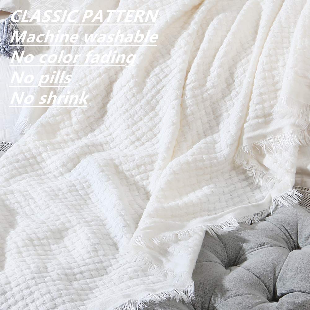 CREVENT Farmhouse Boho Knitted Throw Blanket for Couch Sofa Chair Bed Home Decoration, Soft Warm Cozy Light Weight for Spring Summer Fall (50''X60'' Off White/Ivory/Cream)