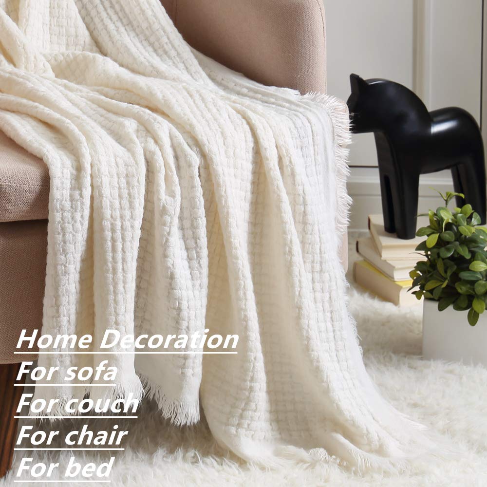 CREVENT Farmhouse Boho Knitted Throw Blanket for Couch Sofa Chair Bed Home Decoration, Soft Warm Cozy Light Weight for Spring Summer Fall (50''X60'' Off White/Ivory/Cream)