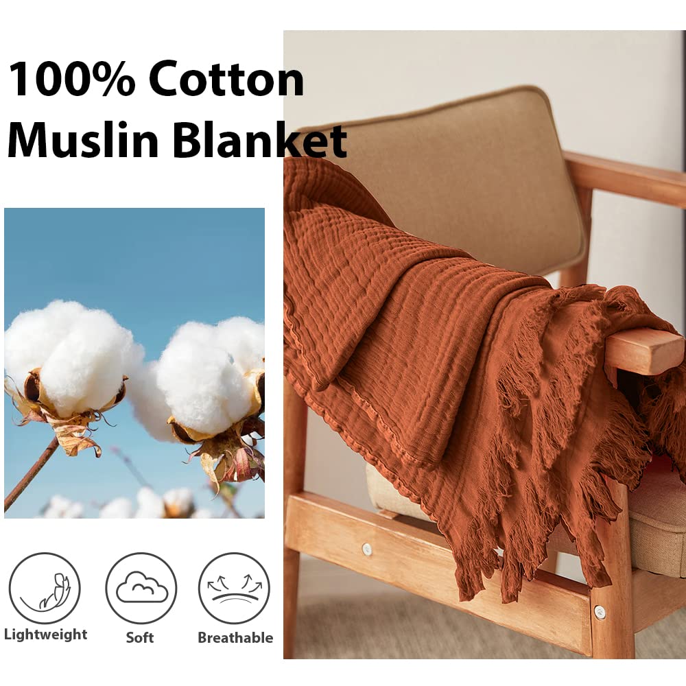 Simple&Opulence Cotton Muslin Throw Blanket for Bed, Couch, Knit Woven Gauze Blanket with Tassels, Soft Lightweight Cozy Pre-Washed Breathable Farmhouse Decoration for All-Season (Rust Orange)