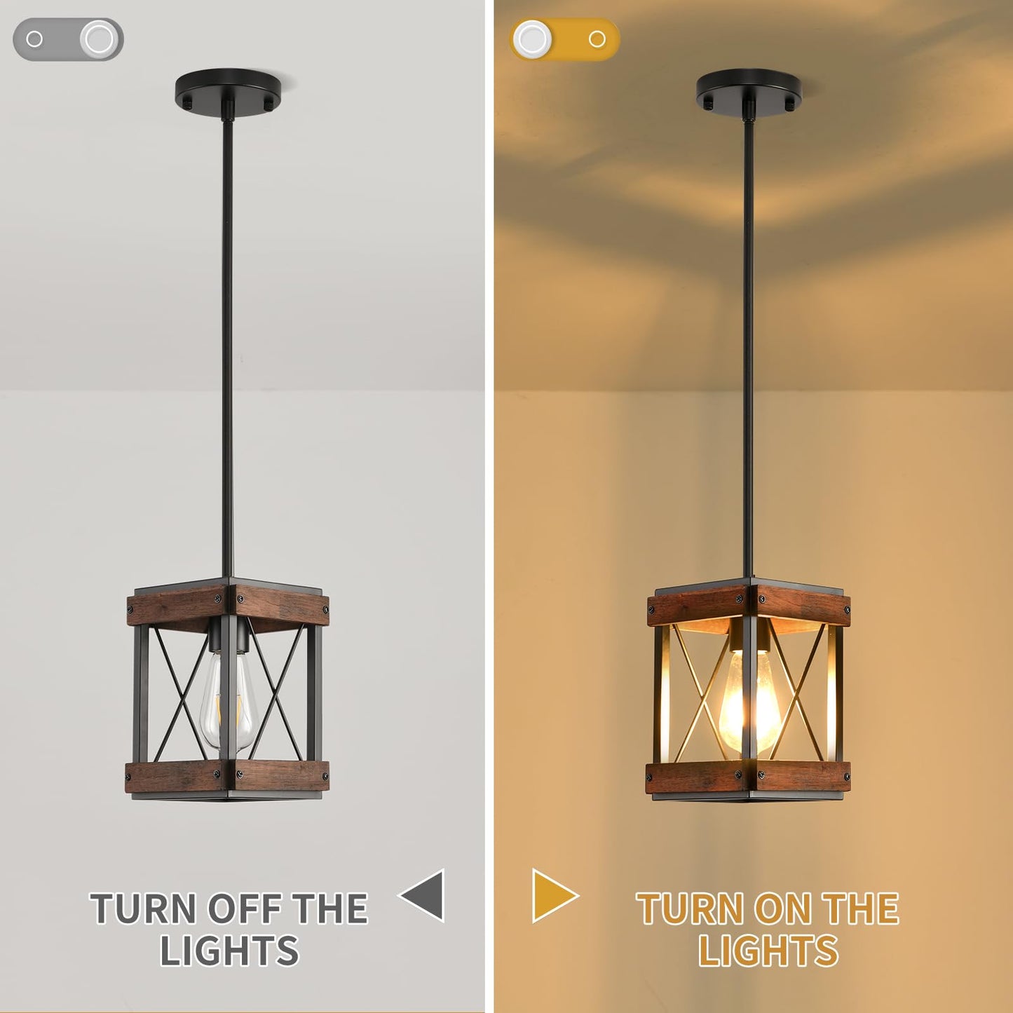 HOXIYA Farmhouse Pendant Light, 2 Pack Rustic Farmhouse Linear Chandelier with Wood and Metal Cage, Kitchen Island Pendant Light Adjustable Height for Dining Room Light Kitchen Island Bedroom