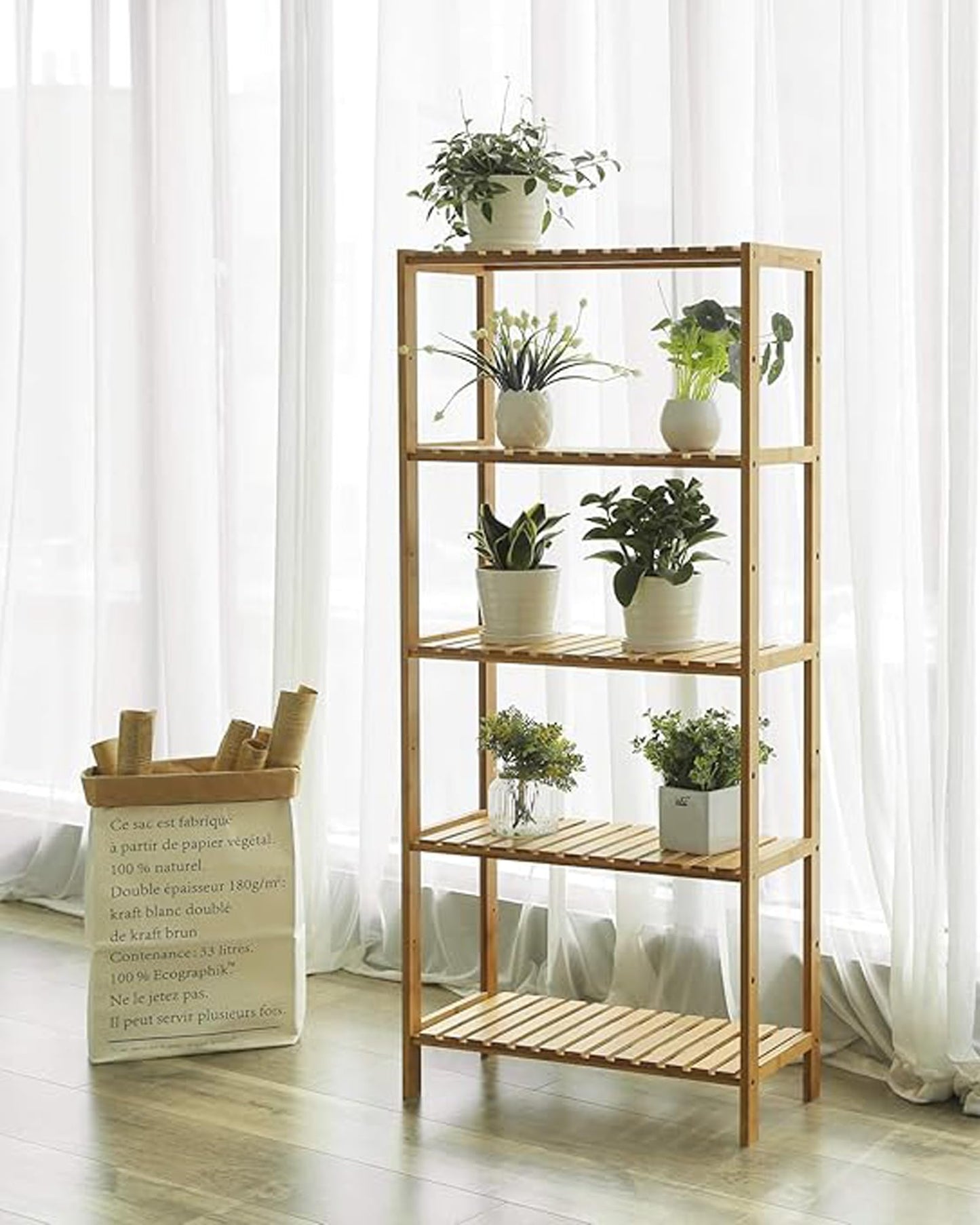 SONGMICS Bamboo Storage Shelf, 5-Tier Shelving Unit, Multifunctional, in The Entryway, Bathroom, Living Room, Balcony, Kitchen, 10.2 x 23.6 x 51.2 Inches, Light Bamboo UBCB35Y