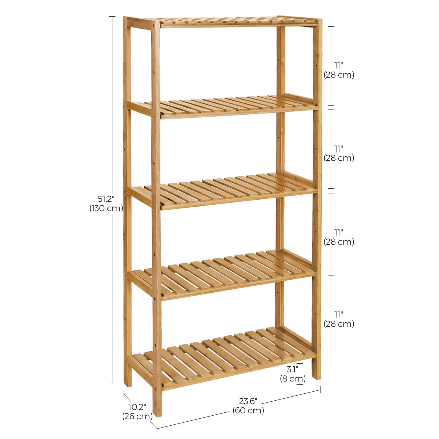 SONGMICS Bamboo Storage Shelf, 5-Tier Shelving Unit, Multifunctional, in The Entryway, Bathroom, Living Room, Balcony, Kitchen, 10.2 x 23.6 x 51.2 Inches, Light Bamboo UBCB35Y
