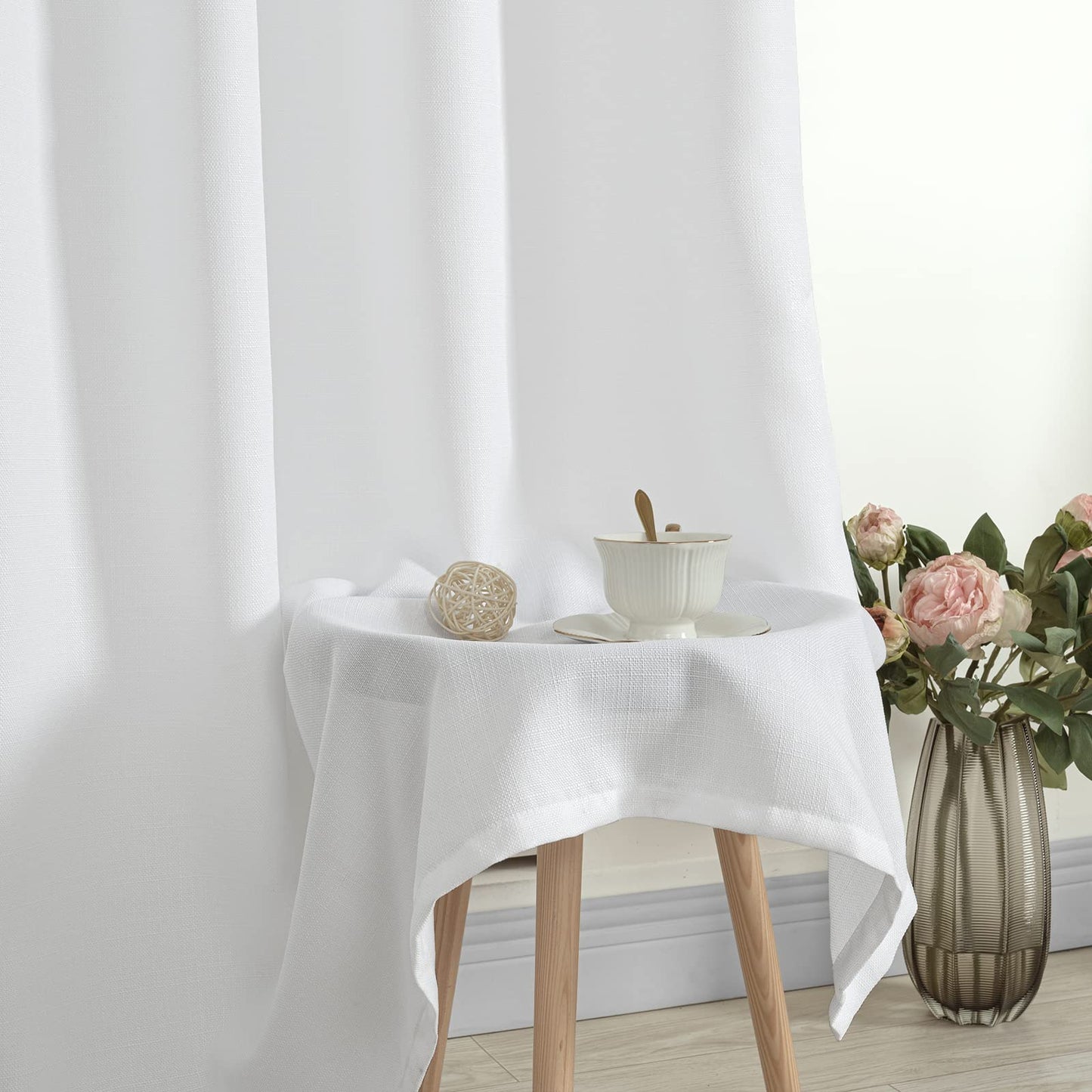 LAMIT White Linen Curtains 84 inch Length 2 Panels, Semi Sheer Light Filtering Privacy Neutral Panels Grommet Faux Linen Textured Opaque Drapes for Bedroom/Living Room, 52 x 84 Inch