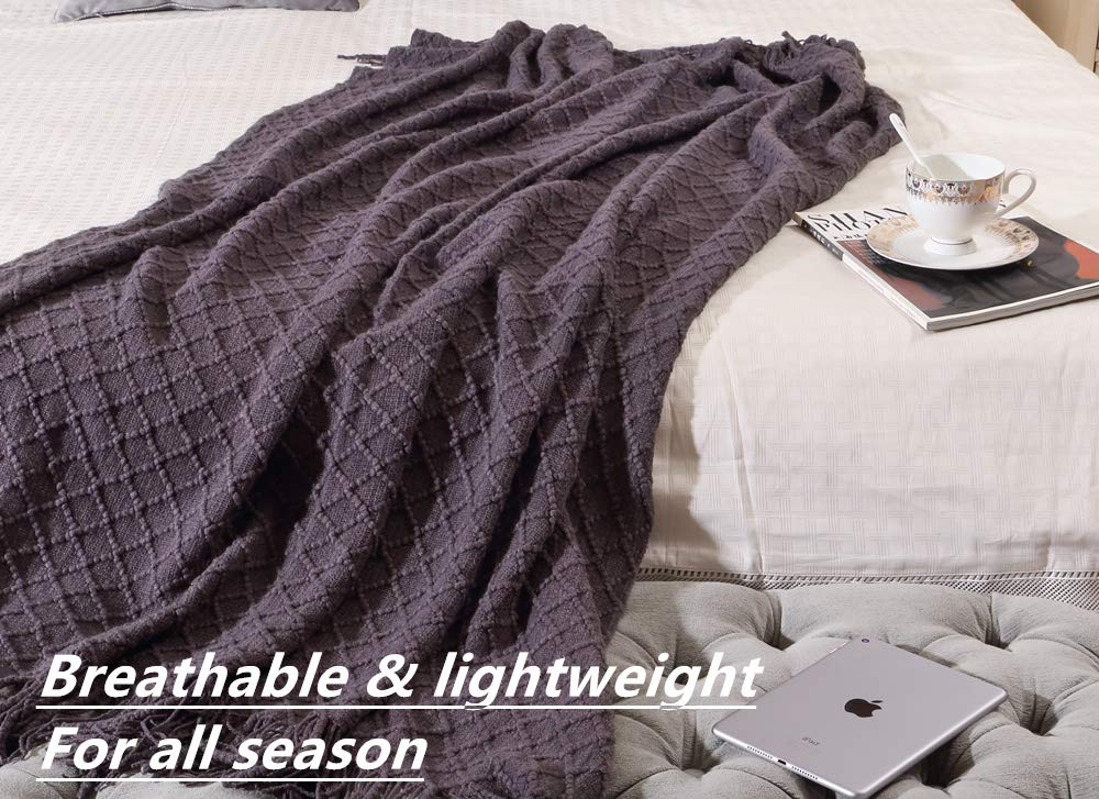 CREVENT Knitted Decorative Throw Blanket for Couch Sofa Chair Bed, Soft Breathable Lightweight for Spring Summer (50''X60'' Dark Grey/Black)