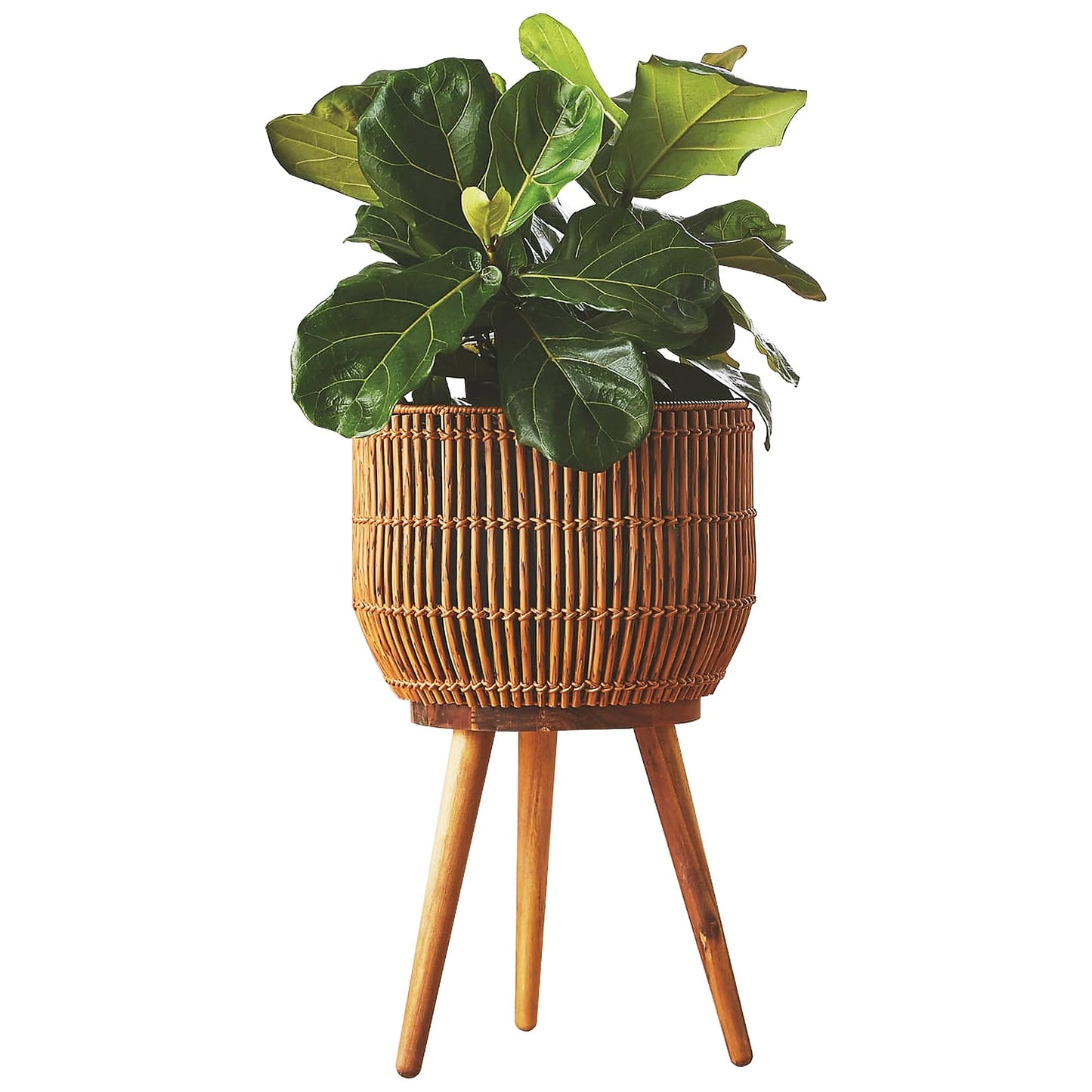 TOPDZHSHI 13 Inch Round Resin Rattan Planter, Indoor Plant Basket Stand with Acacia Wood Legs, Plastic Insert,Boho Orchid Pot Cover, for The Living Room, Dining Room, or sunroom,porches, (Brown)
