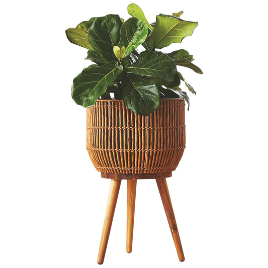 TOPDZHSHI 13 Inch Round Resin Rattan Planter, Indoor Plant Basket Stand with Acacia Wood Legs, Plastic Insert,Boho Orchid Pot Cover, for The Living Room, Dining Room, or sunroom,porches, (Brown)