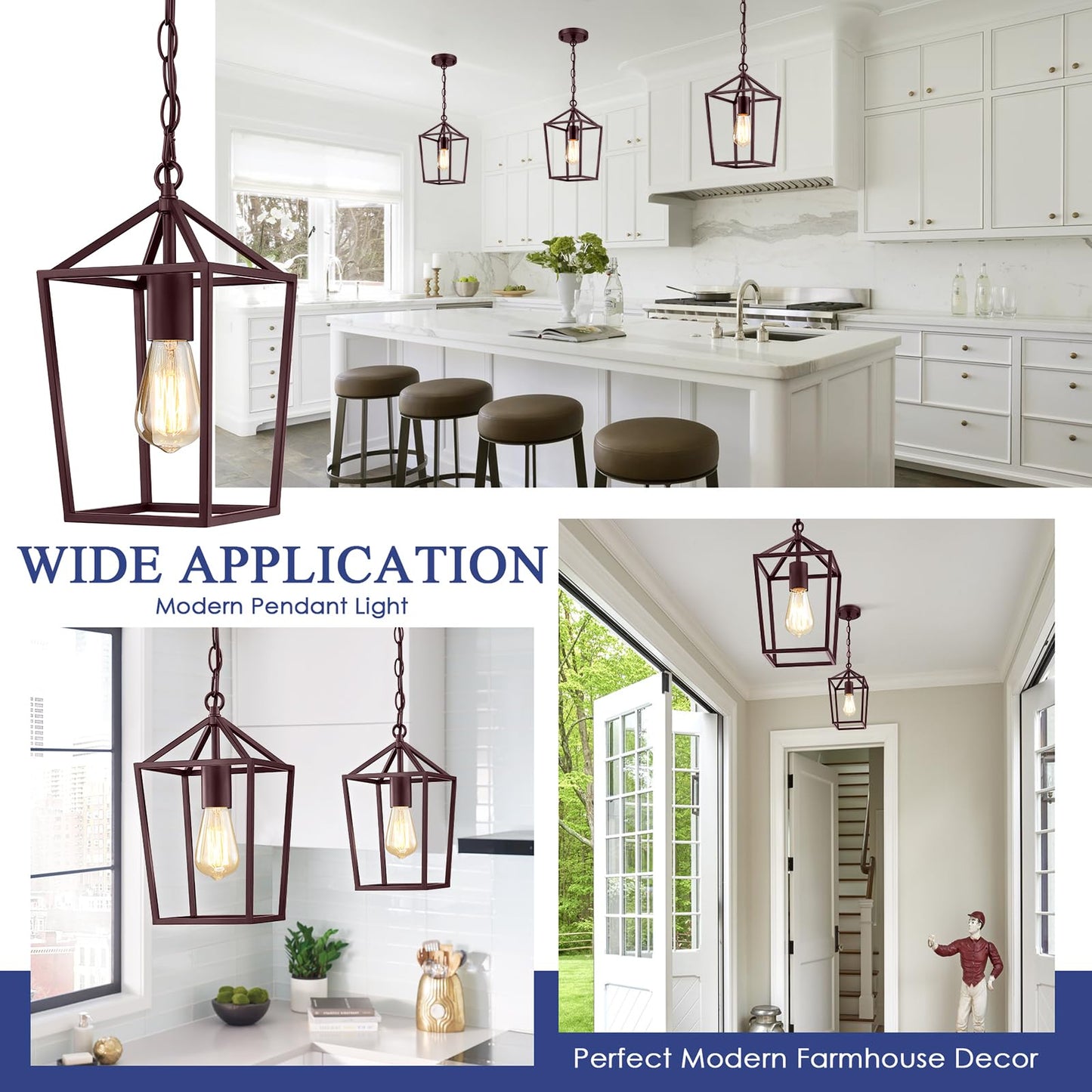 Sheetea 2-Pack Farmhouse Pendant Lights Kitchen Island, Pendant Light Fixtures Hanging Lamp for Dining Room, Modern Kitchen Pendant Lighting Over Island, Metal Cage Design, Brown
