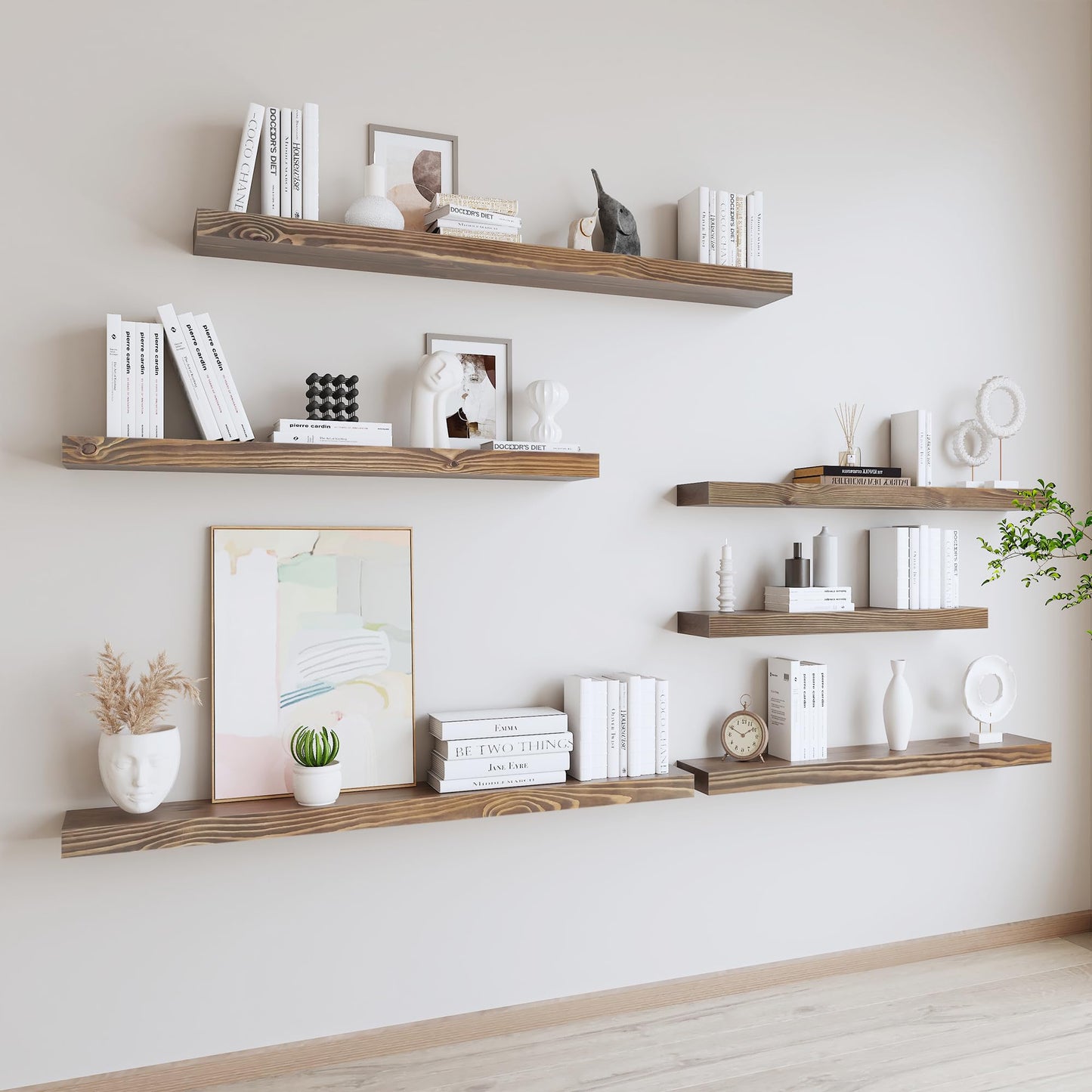 XWNE Rustic Floating Shelves 60 inch Long 8 "deep Set of 2, Heavy Duty Wood Wall Mounted Shelves for Bathroom Living Room Kitchen,Book Shelves with Thickened Hidden Bracket- Walnut