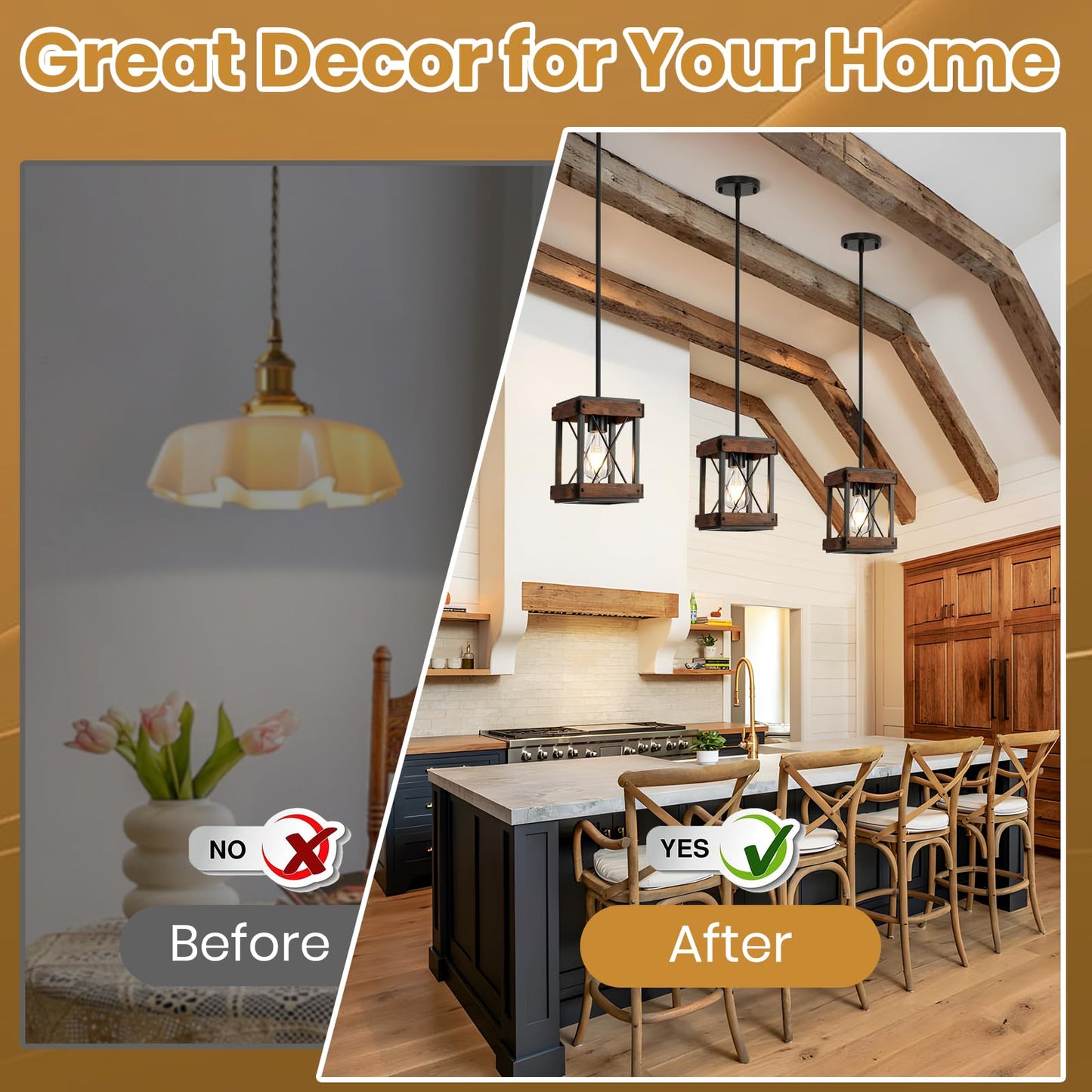 HOXIYA Farmhouse Pendant Light, 2 Pack Rustic Farmhouse Linear Chandelier with Wood and Metal Cage, Kitchen Island Pendant Light Adjustable Height for Dining Room Light Kitchen Island Bedroom