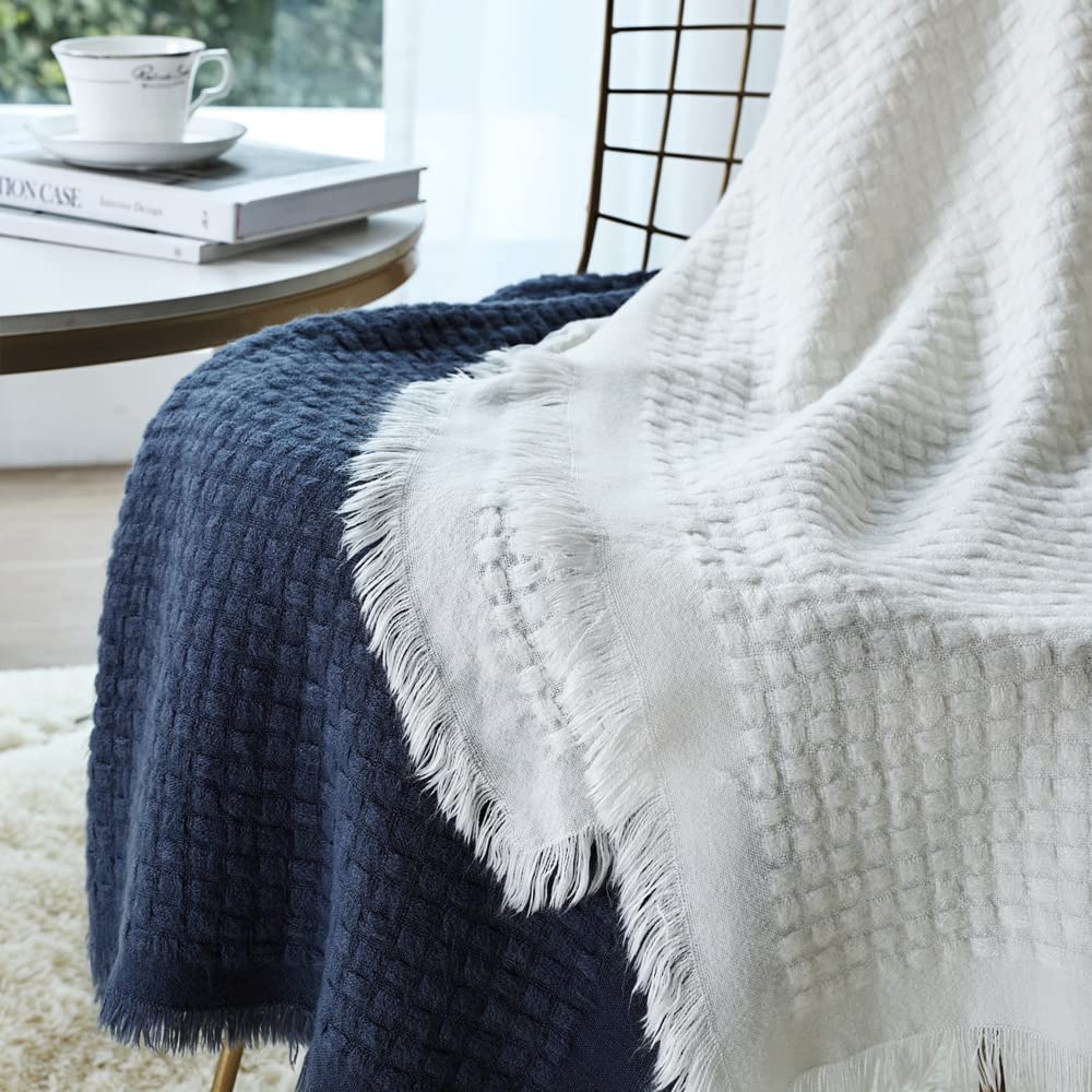 CREVENT Farmhouse Boho Knitted Throw Blanket for Couch Sofa Chair Bed Home Decoration, Soft Warm Cozy Light Weight for Spring Summer Fall (50''X60'' Off White/Ivory/Cream)