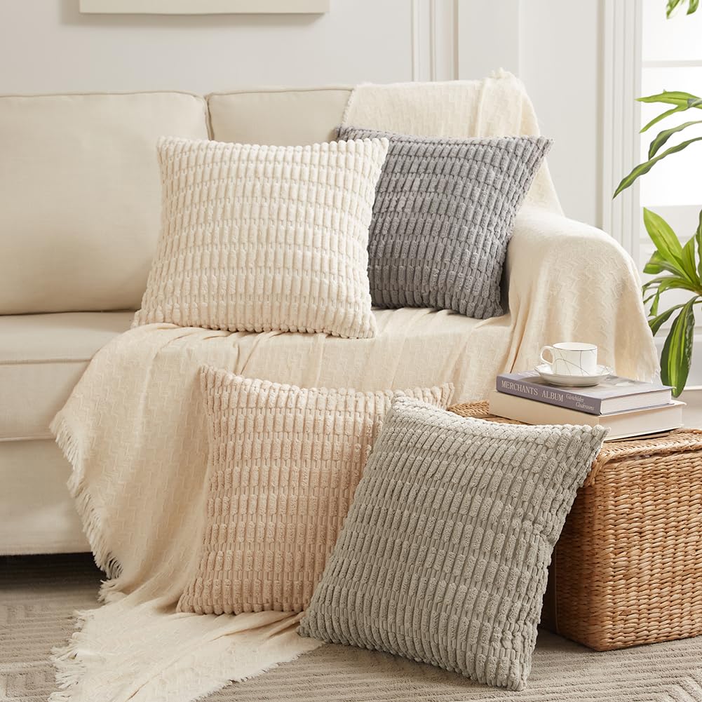 Fancy Homi 4 Packs Grey Decorative Throw Pillow Covers 18x18 Inch for Living Room Couch Bed, Rustic Modern Farmhouse Boho Home Decor, Soft Plush Corduroy Cute Accent Square Gray Cushion Case 45x45 cm