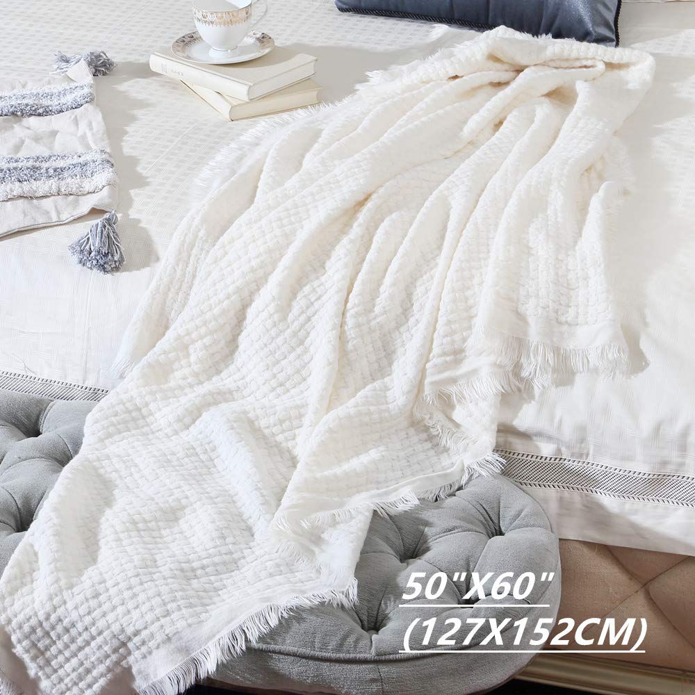 CREVENT Farmhouse Boho Knitted Throw Blanket for Couch Sofa Chair Bed Home Decoration, Soft Warm Cozy Light Weight for Spring Summer Fall (50''X60'' Off White/Ivory/Cream)