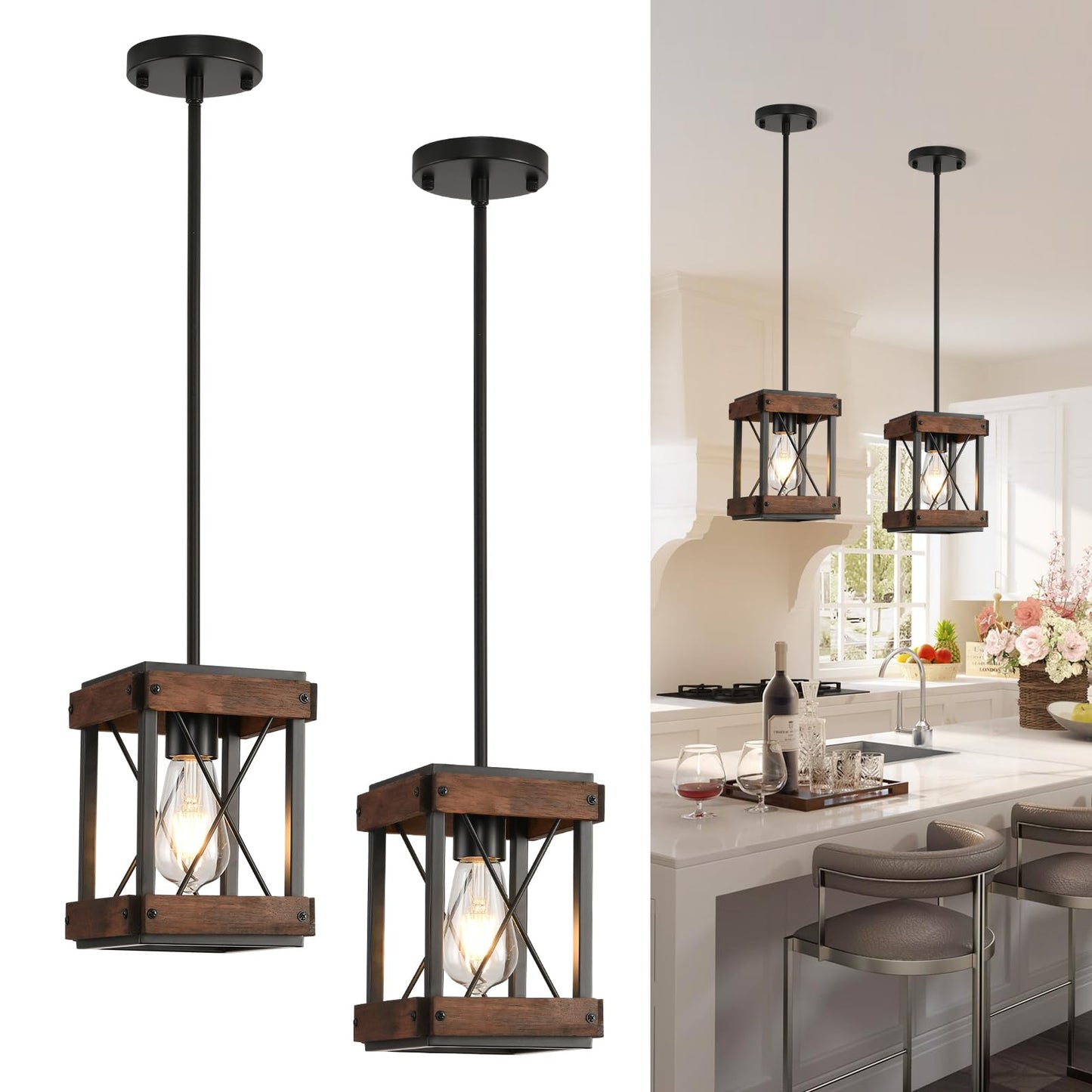 HOXIYA Farmhouse Pendant Light, 2 Pack Rustic Farmhouse Linear Chandelier with Wood and Metal Cage, Kitchen Island Pendant Light Adjustable Height for Dining Room Light Kitchen Island Bedroom