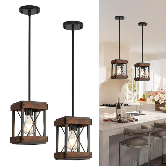 HOXIYA Farmhouse Pendant Light, 2 Pack Rustic Farmhouse Linear Chandelier with Wood and Metal Cage, Kitchen Island Pendant Light Adjustable Height for Dining Room Light Kitchen Island Bedroom