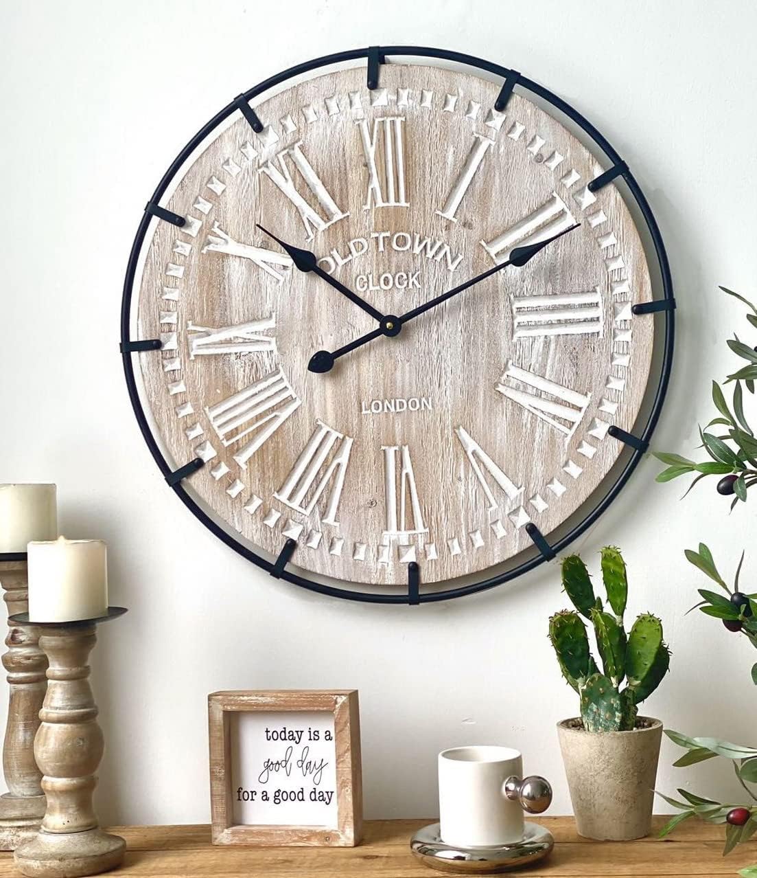 EMAX HOME 24 Inch Large Farmhouse Wall Clock, Rustic Antique Wood with Metal Circle and Large Engraved Numerals, Silent Battery Operated Wall Clock for Office Kitchen Bedroom Living Room