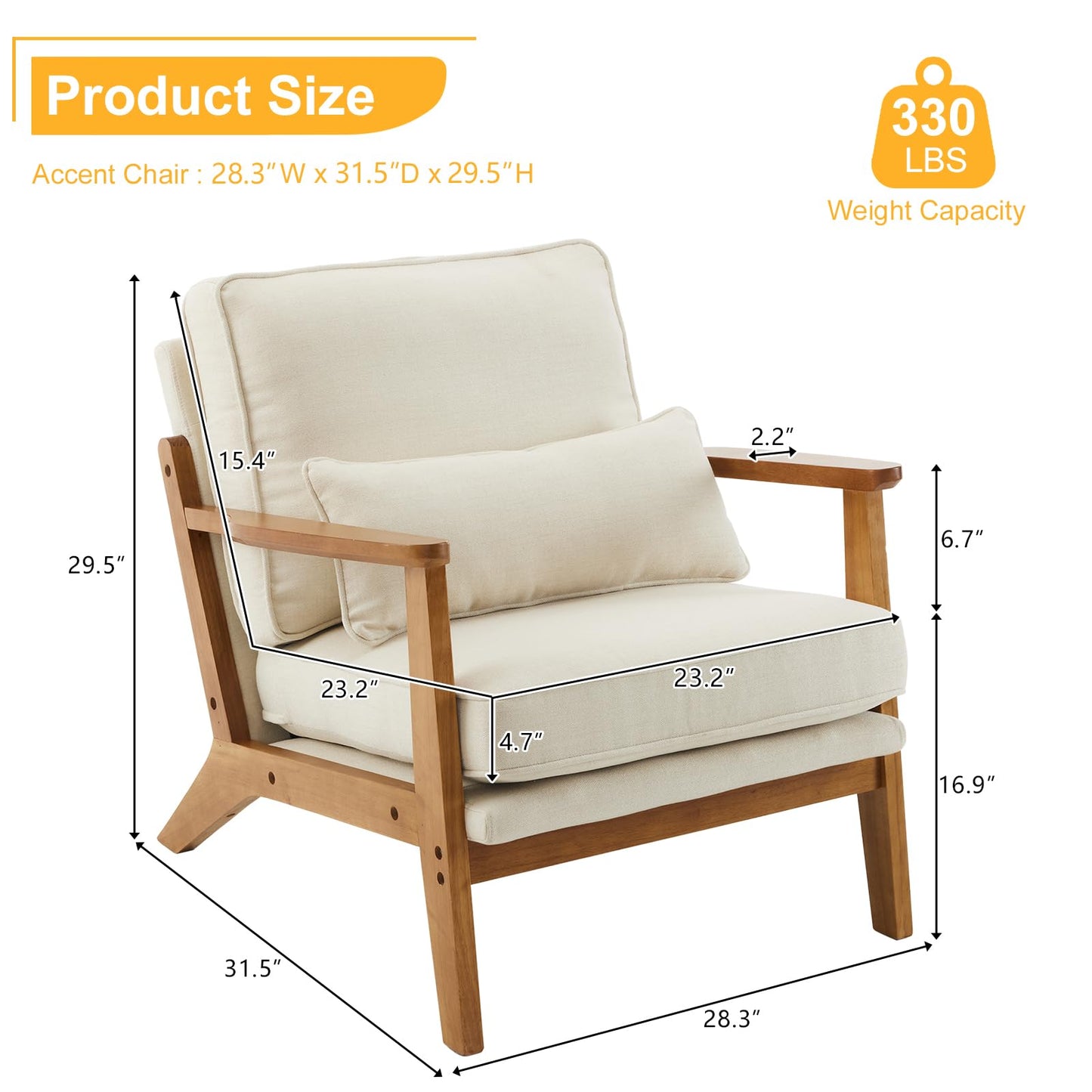 Karl home Accent Chair Wide Armrest Mid-Century Lounge Chair Linen Fabric Armchair with Lumbar Pillow & Solid Wood Frame for Living Room, Bedroom, Balcony, Beige