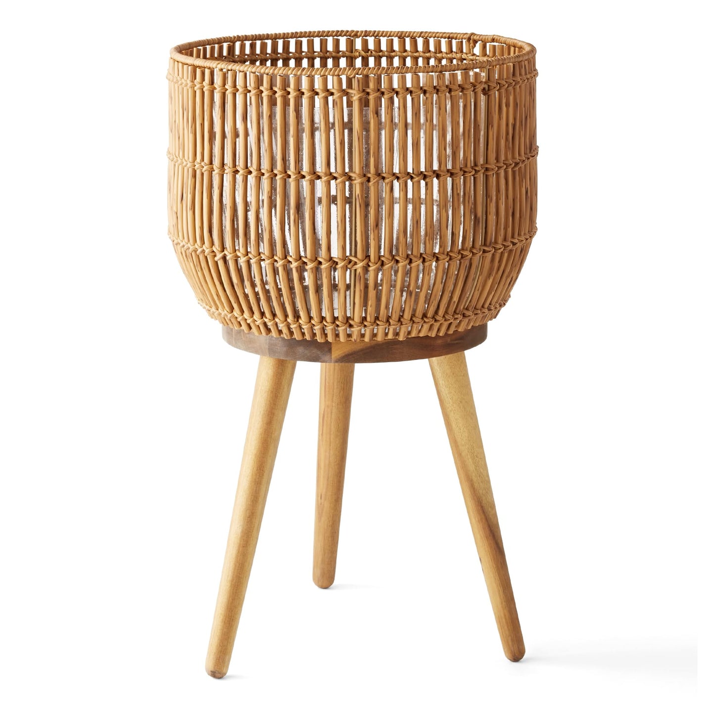 TOPDZHSHI 13 Inch Round Resin Rattan Planter, Indoor Plant Basket Stand with Acacia Wood Legs, Plastic Insert,Boho Orchid Pot Cover, for The Living Room, Dining Room, or sunroom,porches, (Brown)