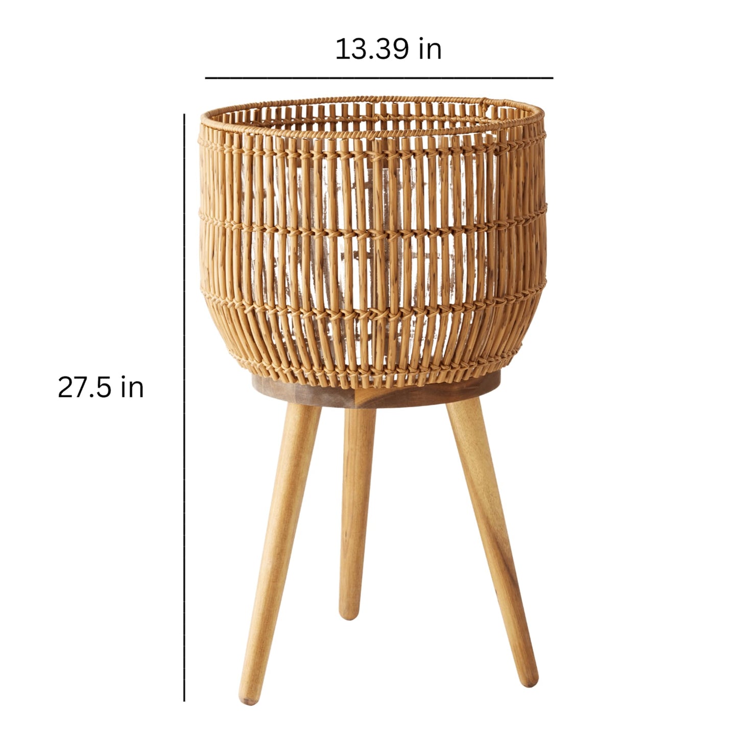 TOPDZHSHI 13 Inch Round Resin Rattan Planter, Indoor Plant Basket Stand with Acacia Wood Legs, Plastic Insert,Boho Orchid Pot Cover, for The Living Room, Dining Room, or sunroom,porches, (Brown)