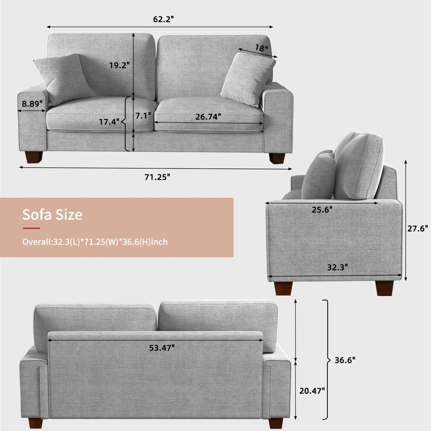 DOPEDIO Modern Loveseat Sofa for Living Room,Chenille Recliner, Removable Cover, Spring Cushions, Solid Wood Frame, Easy Assembly for Small Spaces (71.25inch，Light Gray)