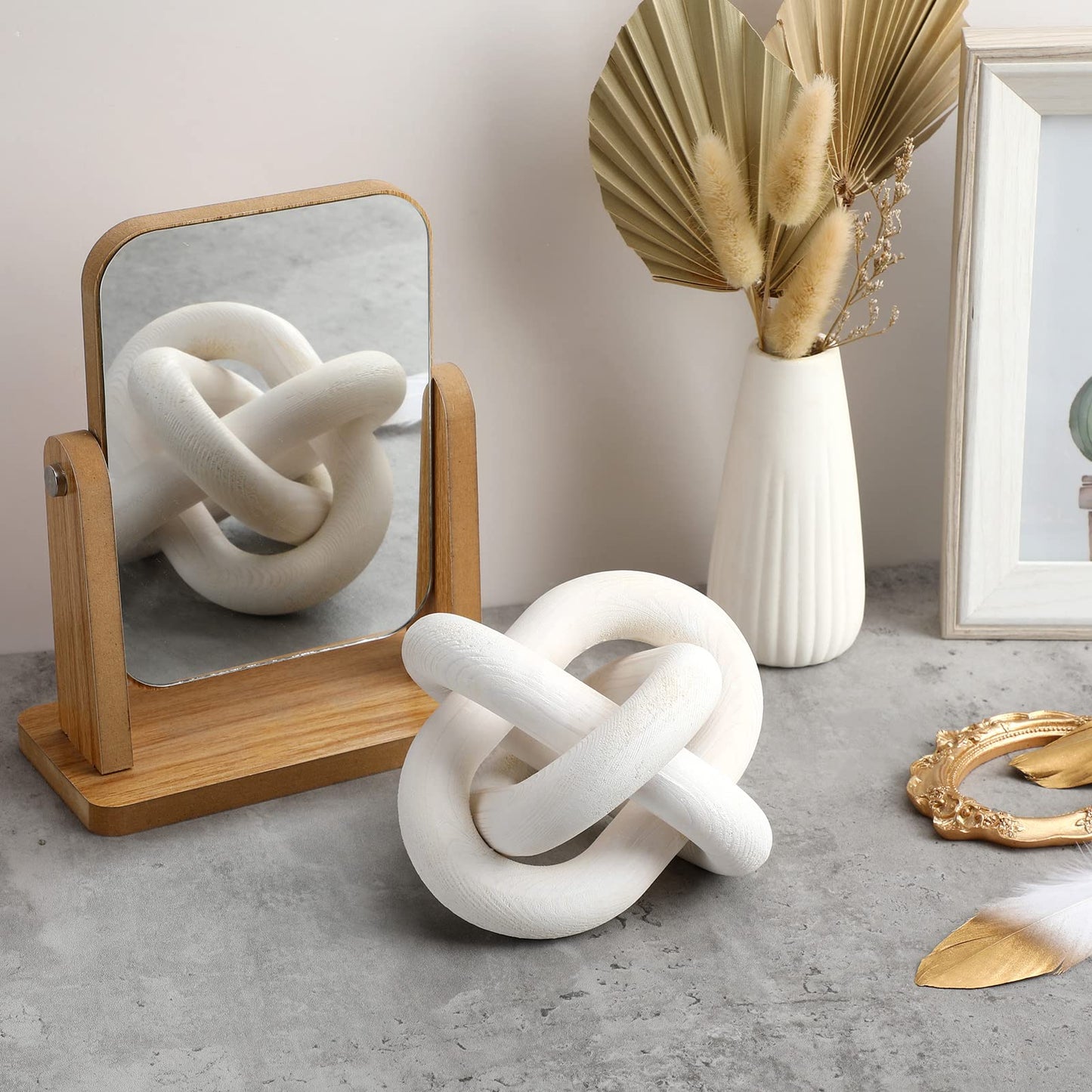 Yalikop 3 Link Wood Knot Decor - Hand Carved Coffee Table Decoration, Boho Chain Link Decor, Modern Shelf, Rustic Objects for Home Living Room Bedroom(White)