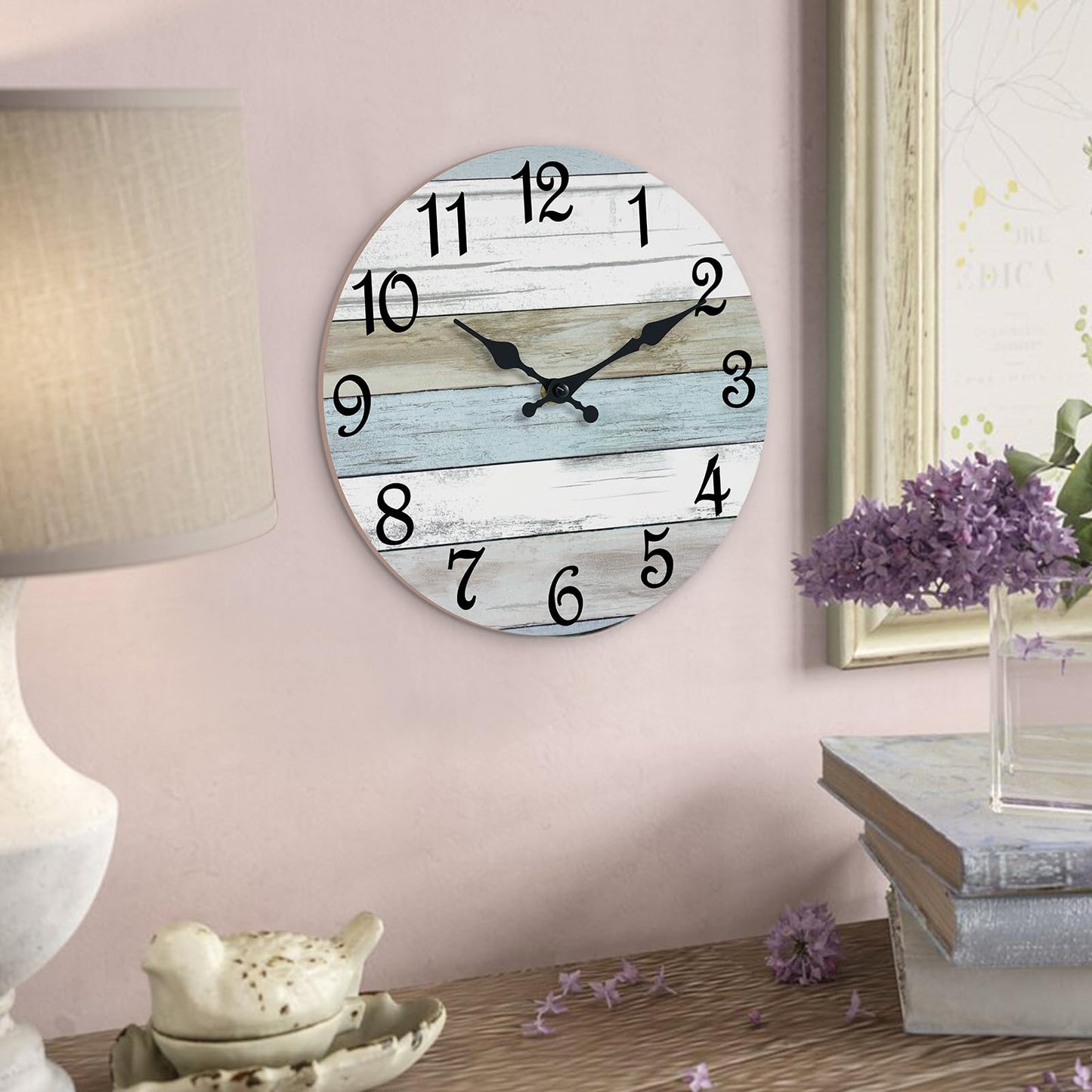 CHYLIN Wall Clock - 18 Inch Silent Non Ticking Wall Clocks Battery Operated, Wooden Rustic Farmhouse Larger Clock Decorative for Living Room, Kitchen (Blue White Brown)