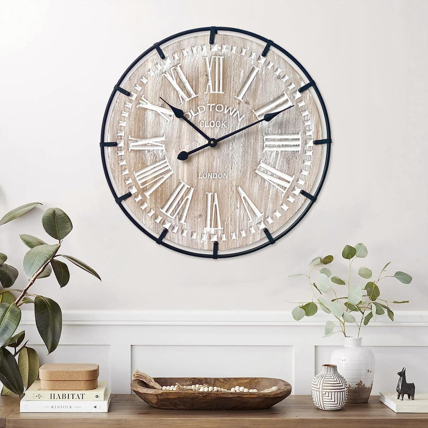 EMAX HOME 24 Inch Large Farmhouse Wall Clock, Rustic Antique Wood with Metal Circle and Large Engraved Numerals, Silent Battery Operated Wall Clock for Office Kitchen Bedroom Living Room