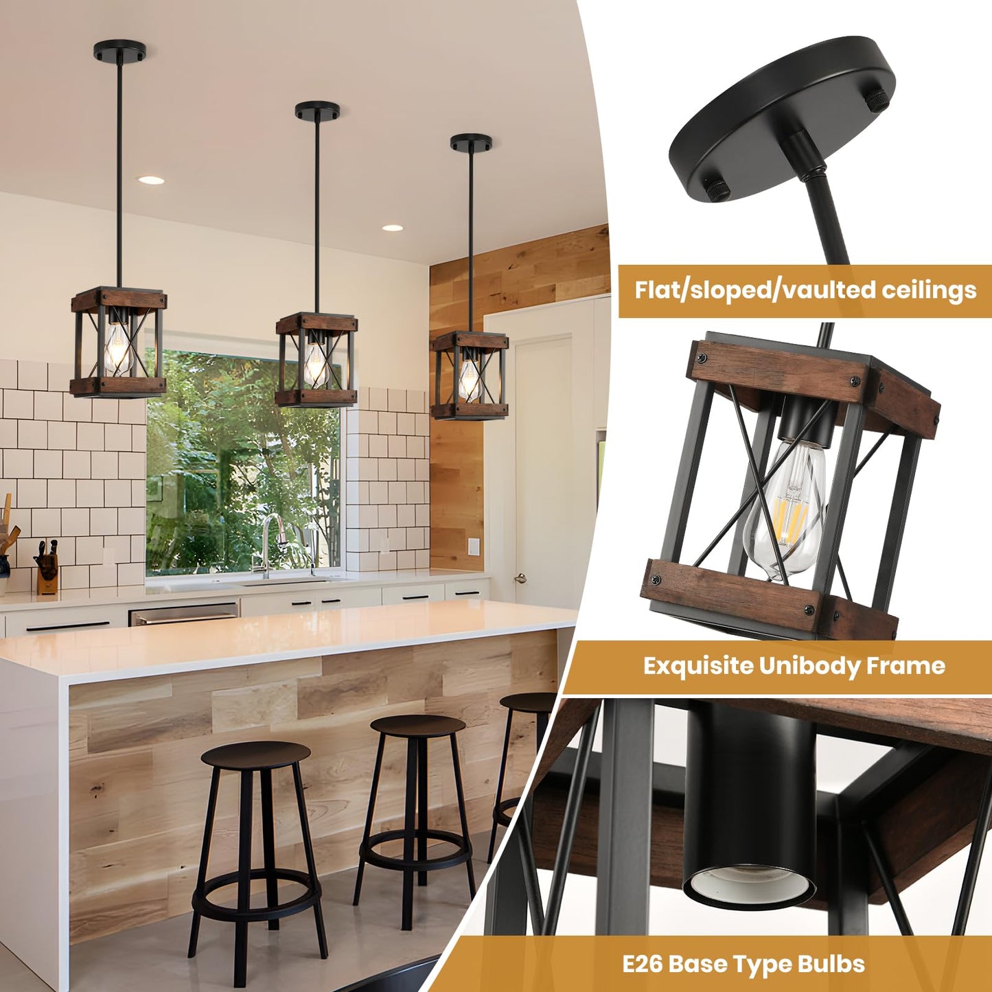 HOXIYA Farmhouse Pendant Light, 2 Pack Rustic Farmhouse Linear Chandelier with Wood and Metal Cage, Kitchen Island Pendant Light Adjustable Height for Dining Room Light Kitchen Island Bedroom