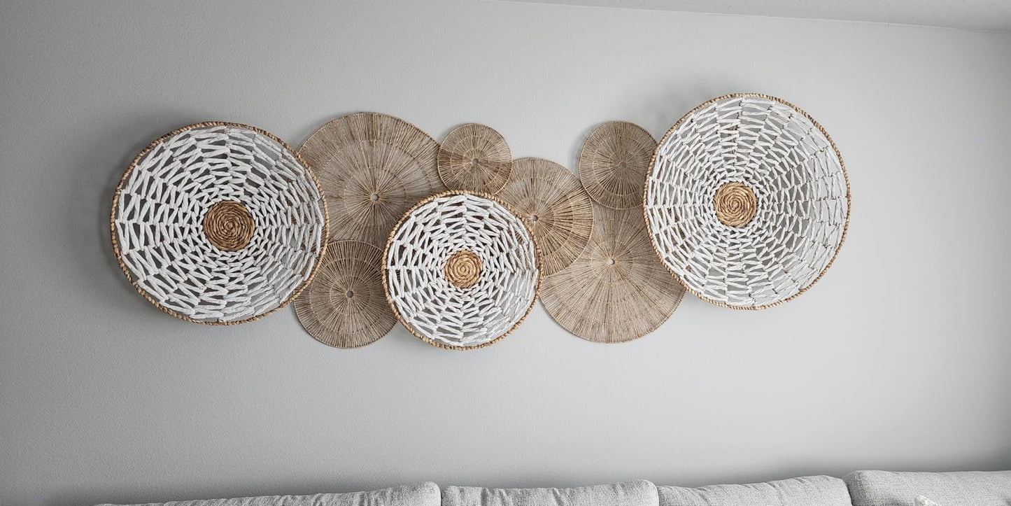 ChumDecor 21.6 inch Wicker Wall Decor Set – Boho Wall Basket Decor with Jute Rope, Large Circle Wall Baskets, Natural Woven Wall Art for Living Room Bedroom, Decorative Seagrass Wall Hanging