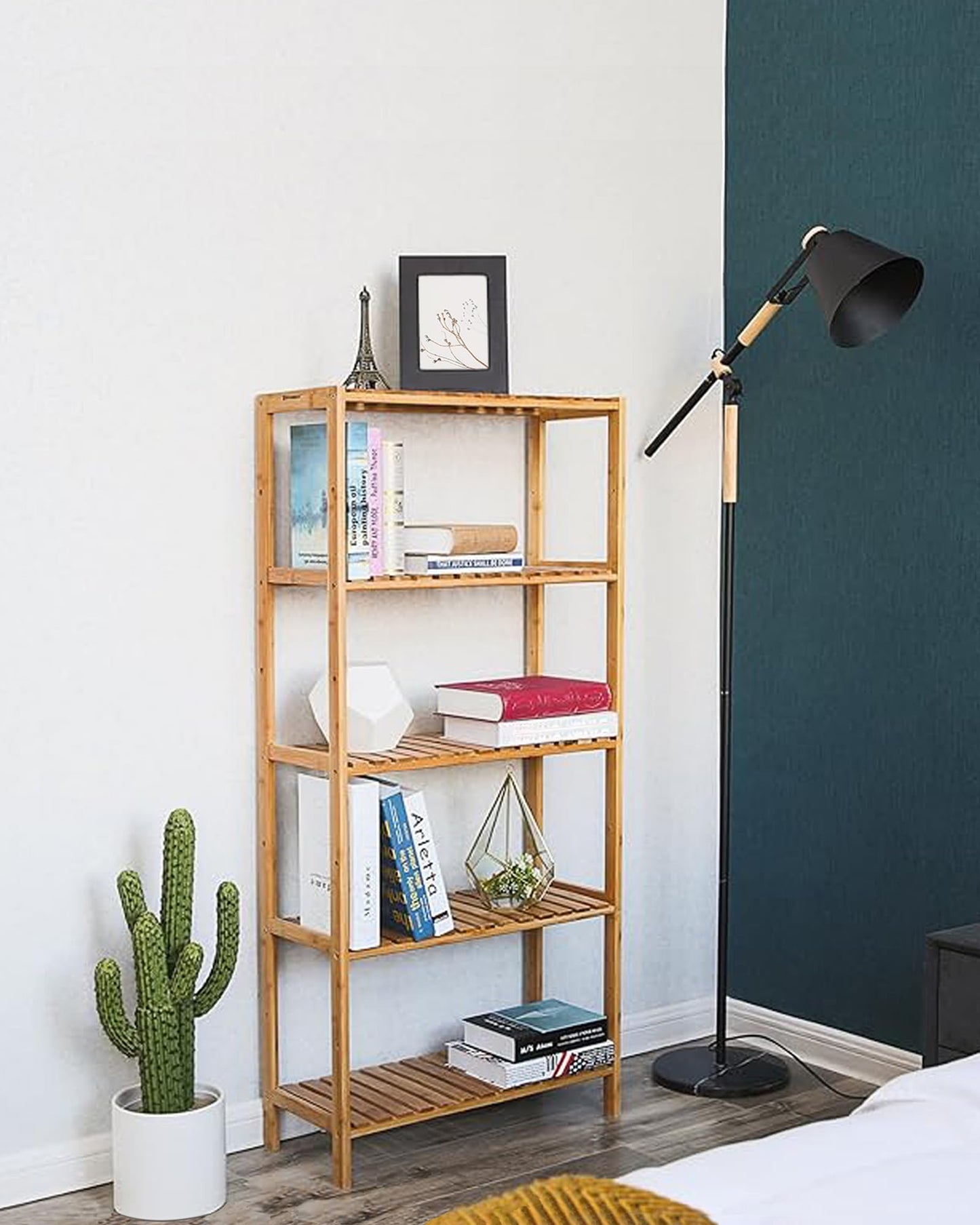 SONGMICS Bamboo Storage Shelf, 5-Tier Shelving Unit, Multifunctional, in The Entryway, Bathroom, Living Room, Balcony, Kitchen, 10.2 x 23.6 x 51.2 Inches, Light Bamboo UBCB35Y