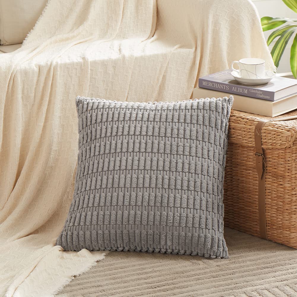 Fancy Homi 4 Packs Grey Decorative Throw Pillow Covers 18x18 Inch for Living Room Couch Bed, Rustic Modern Farmhouse Boho Home Decor, Soft Plush Corduroy Cute Accent Square Gray Cushion Case 45x45 cm