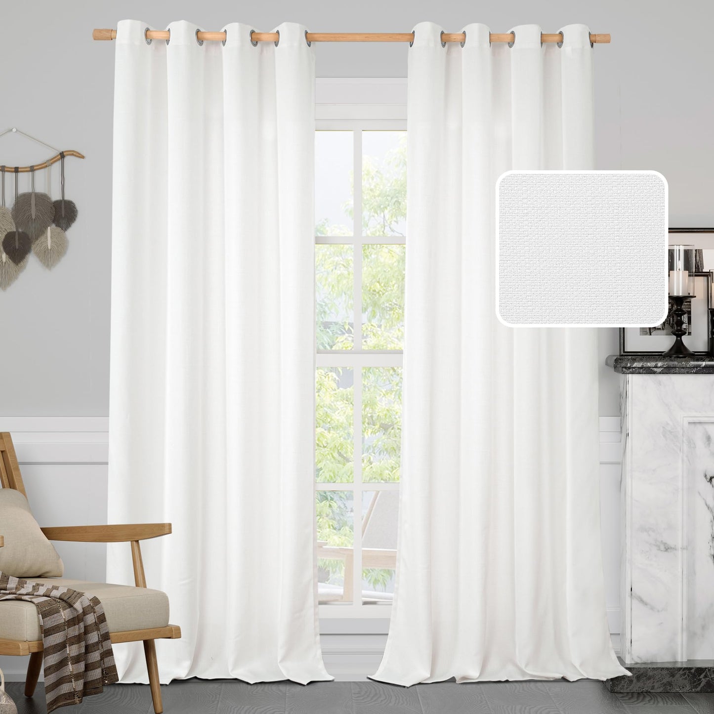 LAMIT White Linen Curtains 84 inch Length 2 Panels, Semi Sheer Light Filtering Privacy Neutral Panels Grommet Faux Linen Textured Opaque Drapes for Bedroom/Living Room, 52 x 84 Inch