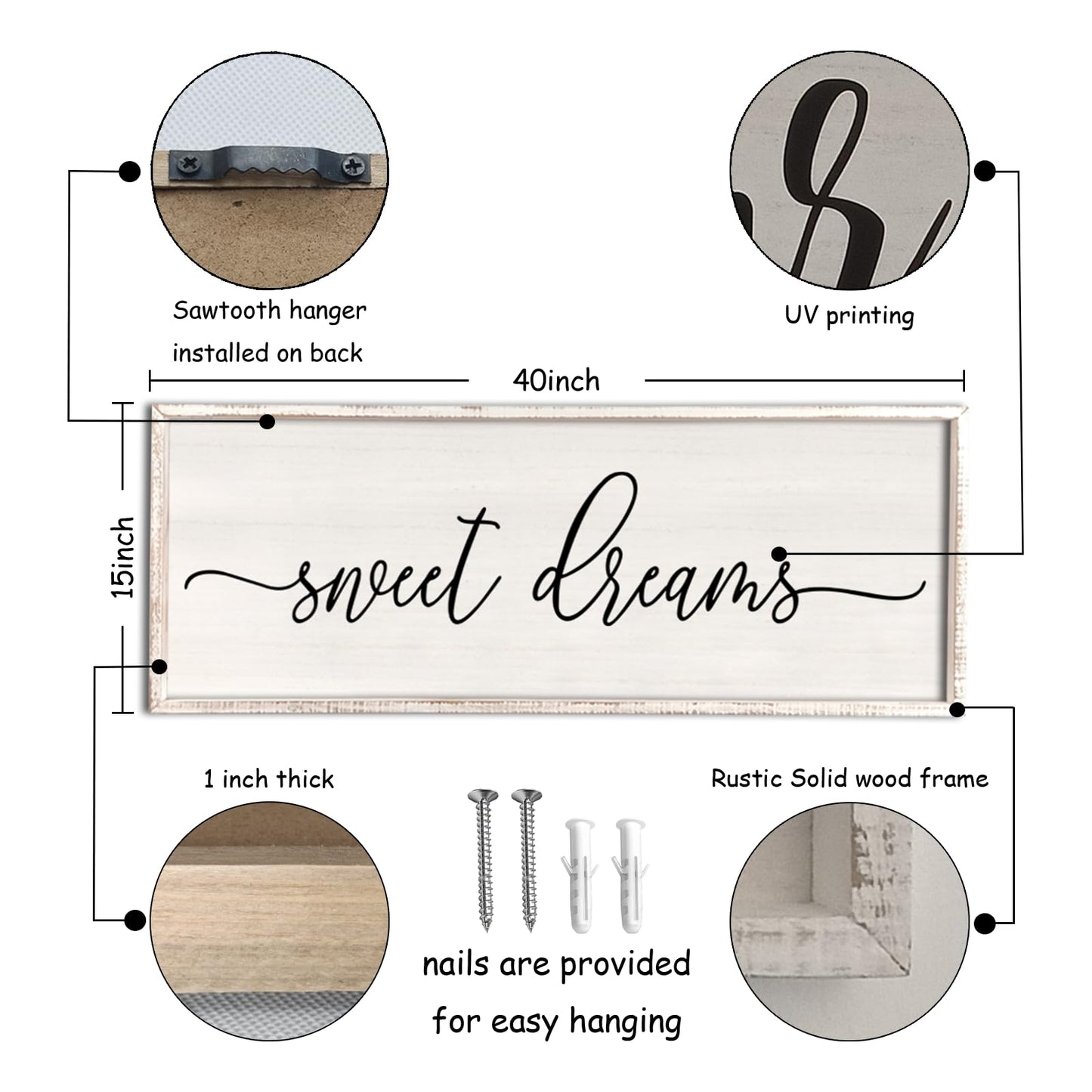 Sweet Dreams Wall Decor Above Bed 40''×15'' Master Bedroom Large Sweet Dreams Sign Farmhouse Wall Decor Guest Room Wood Rustic Framed Over Bed Wall Art Hanging Decoration (White)