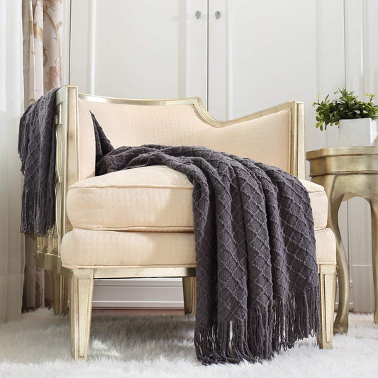 CREVENT Knitted Decorative Throw Blanket for Couch Sofa Chair Bed, Soft Breathable Lightweight for Spring Summer (50''X60'' Dark Grey/Black)