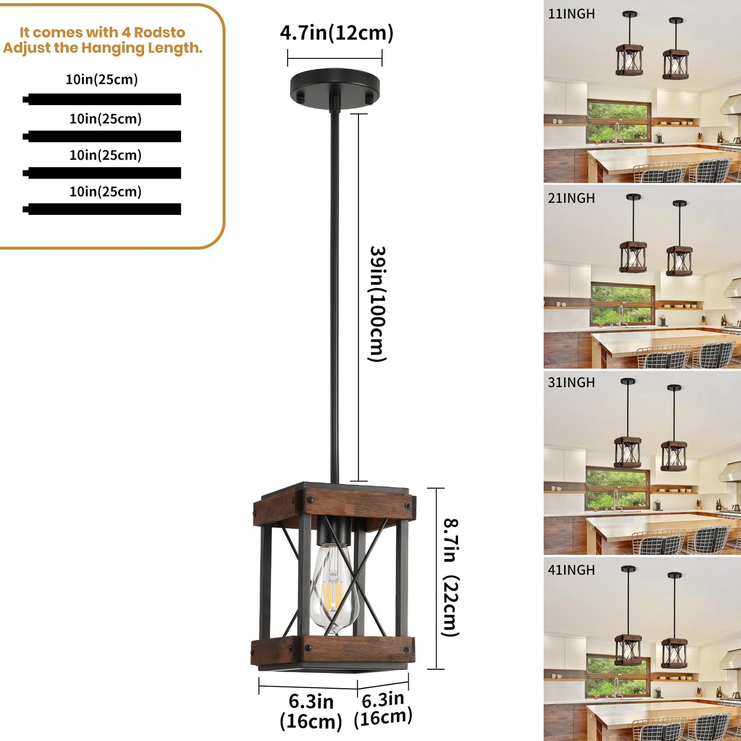 HOXIYA Farmhouse Pendant Light, 2 Pack Rustic Farmhouse Linear Chandelier with Wood and Metal Cage, Kitchen Island Pendant Light Adjustable Height for Dining Room Light Kitchen Island Bedroom