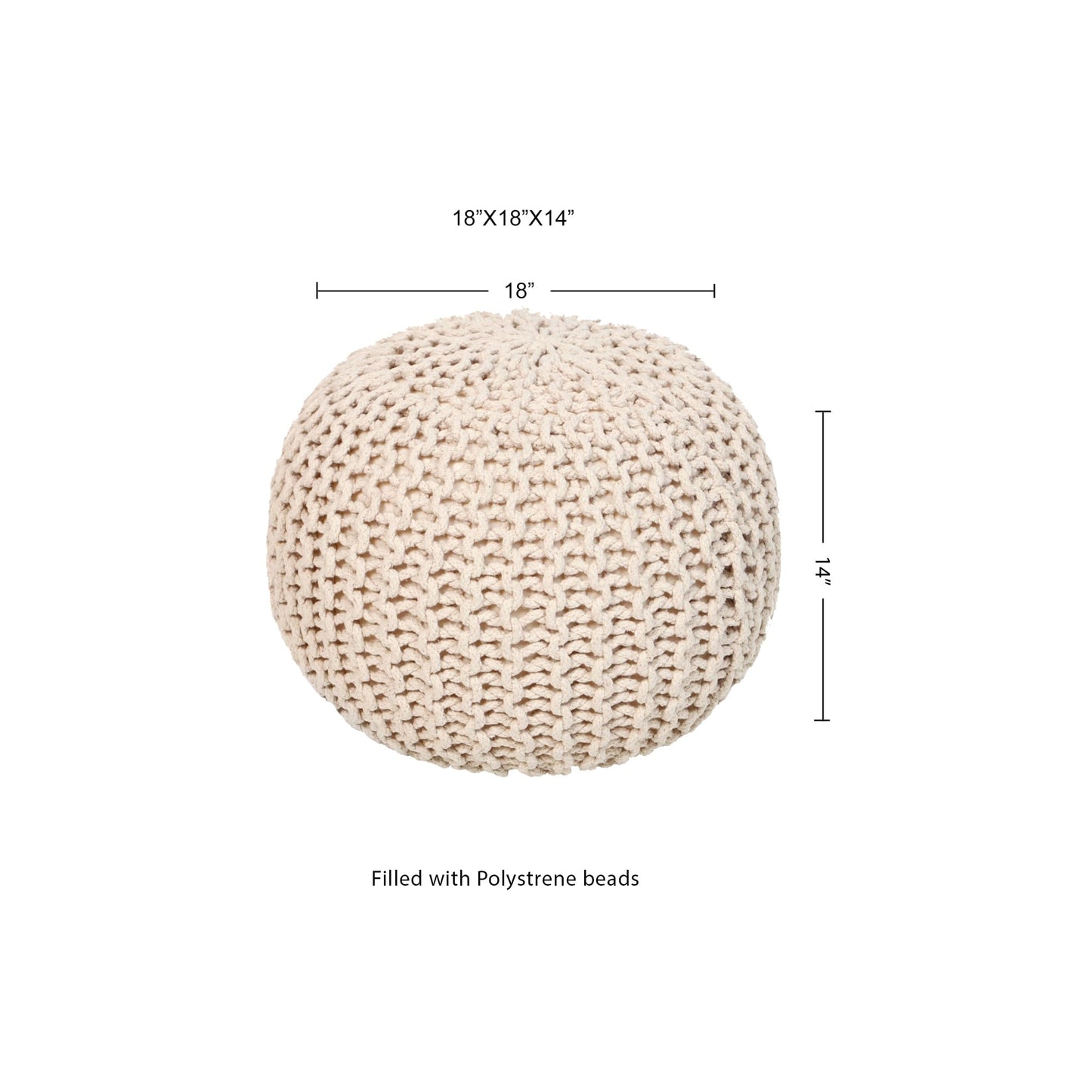 REDEARTH Round Pouf Ottoman - Cable Knitted Boho Poof - Home Décor Cord Pouffe Handmade Circular Footrest for Living Room - Bedroom - Kids Bedroom - 100% Cotton Pouf (18" x 18" x 14") - Ivory