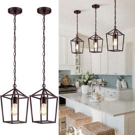 Sheetea 2-Pack Farmhouse Pendant Lights Kitchen Island, Pendant Light Fixtures Hanging Lamp for Dining Room, Modern Kitchen Pendant Lighting Over Island, Metal Cage Design, Brown