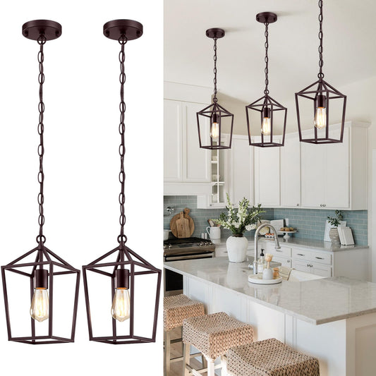 Sheetea 2-Pack Farmhouse Pendant Lights Kitchen Island, Pendant Light Fixtures Hanging Lamp for Dining Room, Modern Kitchen Pendant Lighting Over Island, Metal Cage Design, Brown