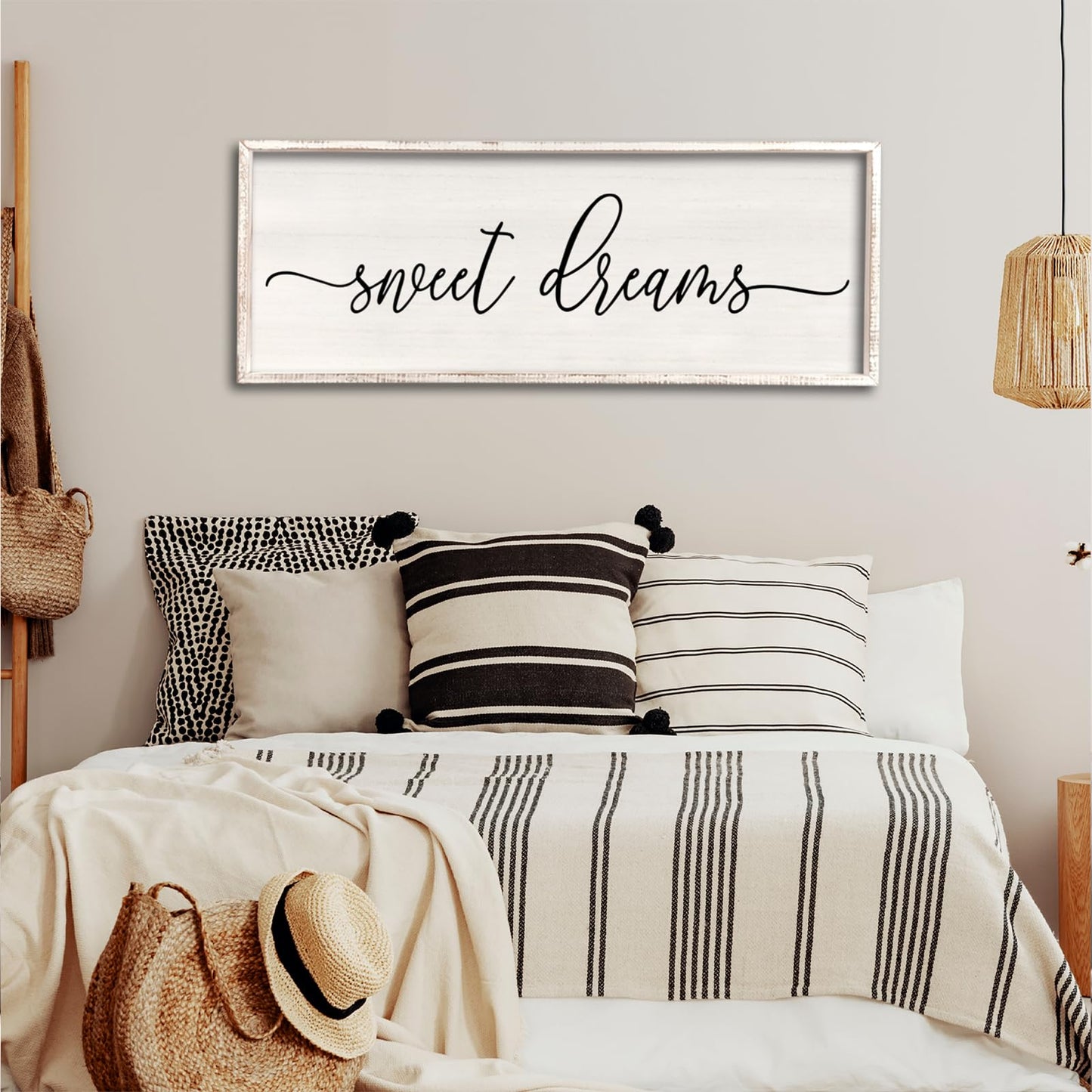 Sweet Dreams Wall Decor Above Bed 40''×15'' Master Bedroom Large Sweet Dreams Sign Farmhouse Wall Decor Guest Room Wood Rustic Framed Over Bed Wall Art Hanging Decoration (White)
