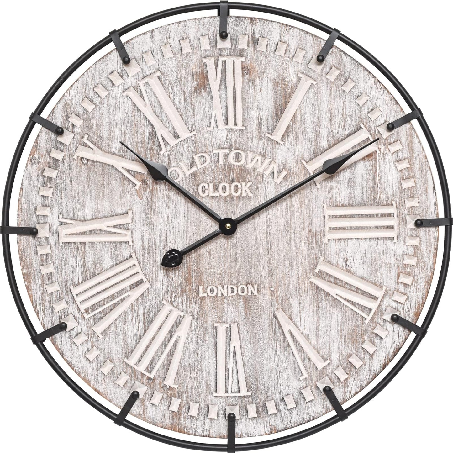 EMAX HOME 24 Inch Large Farmhouse Wall Clock, Rustic Antique Wood with Metal Circle and Large Engraved Numerals, Silent Battery Operated Wall Clock for Office Kitchen Bedroom Living Room