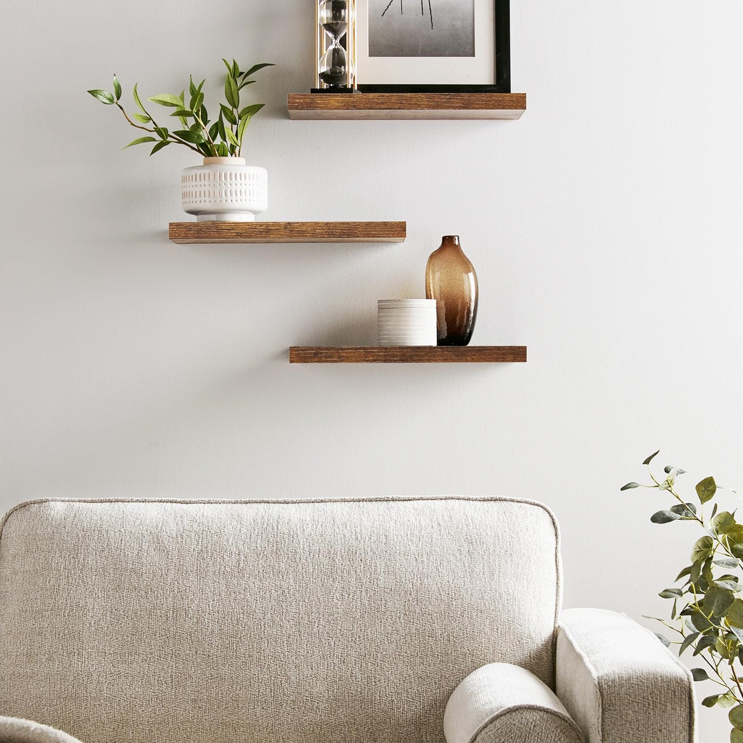 BAYKA Floating Shelves for Wall, 22.5 inches Wall Mounted Rustic Wood Shelves for Bathroom, Bedroom, Living Room, Floating Shelves for Books/Storage/Decor(Rustic Brown,Set of 3)